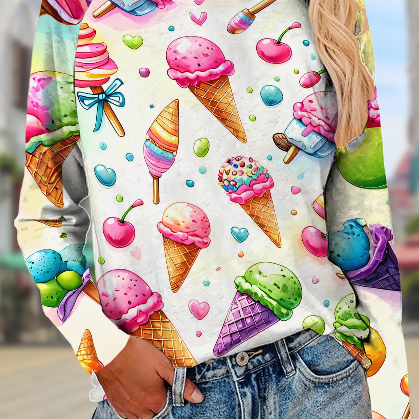TEMU 2025 New Women's T-shirt With Ice Cream Graphic Print, Fashionable Casual Round Neck Short Sleeve Base Layer, Loose Fit Versatile Top For
