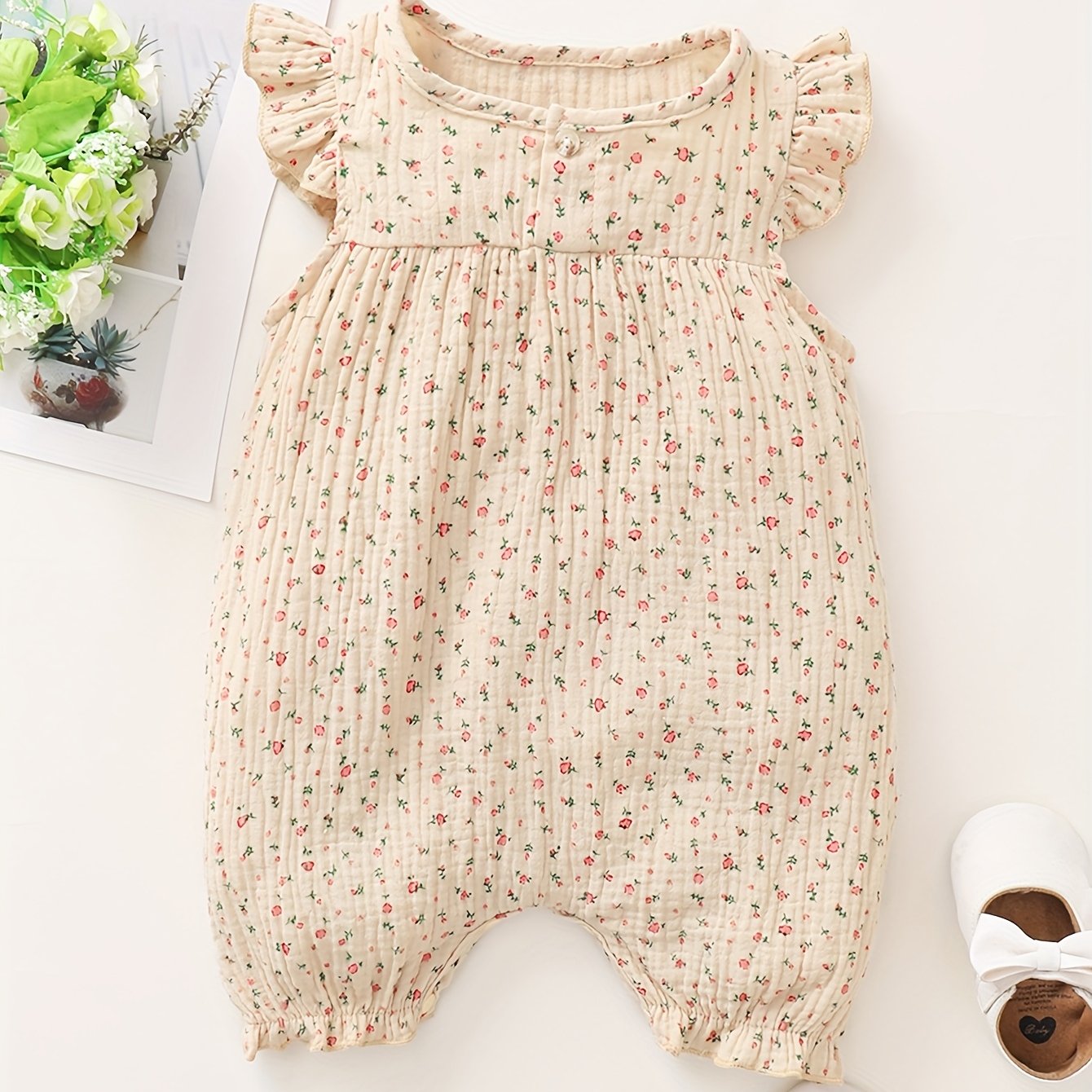 Image of Mommbaby Romper, Made Of Pure, Comfortable And Breathable With Small Floral Patterns And Flutter Sleeves, Perfect For Baby And Crawling, For Outdoor