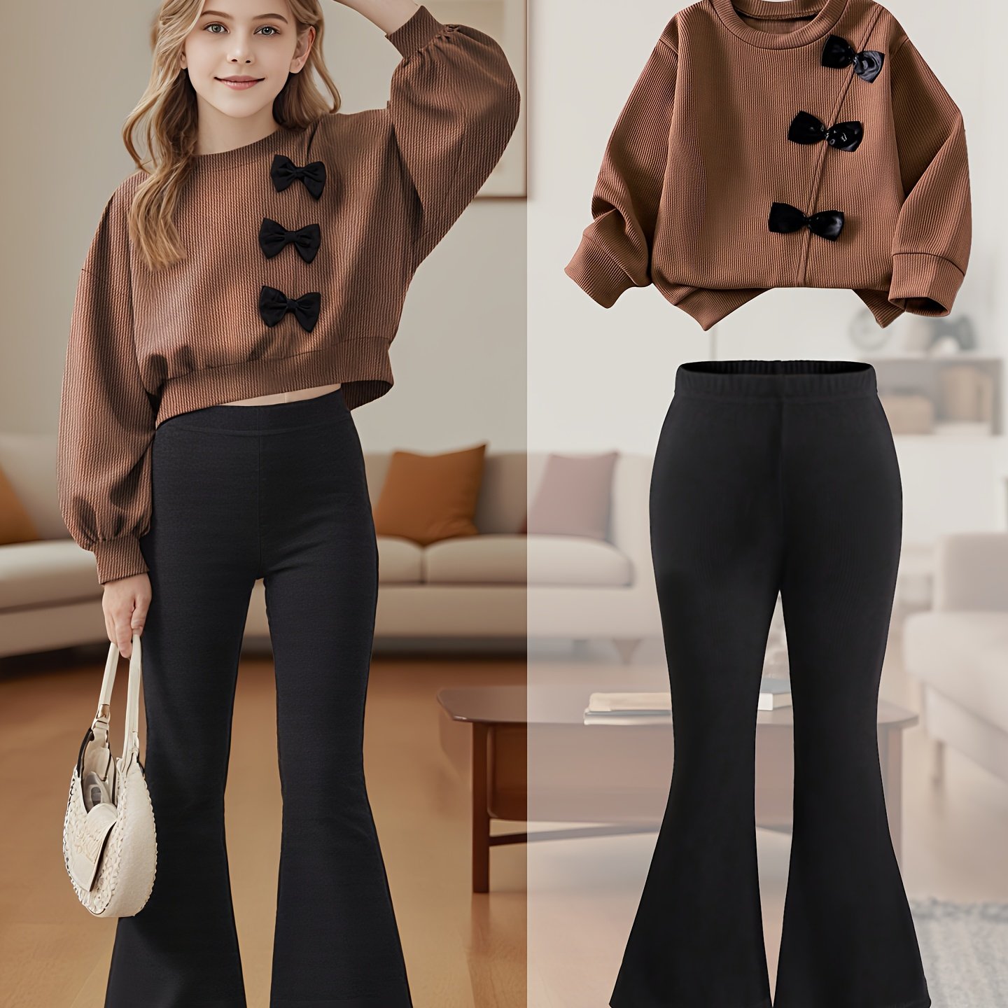 Image of Girls' 2pcs Set, Bow Detail Ribbed Long Sleeve Sweatshirt And Flare Pants, Casual Y2k Street Style For Girls ( Caution), For Outdoor