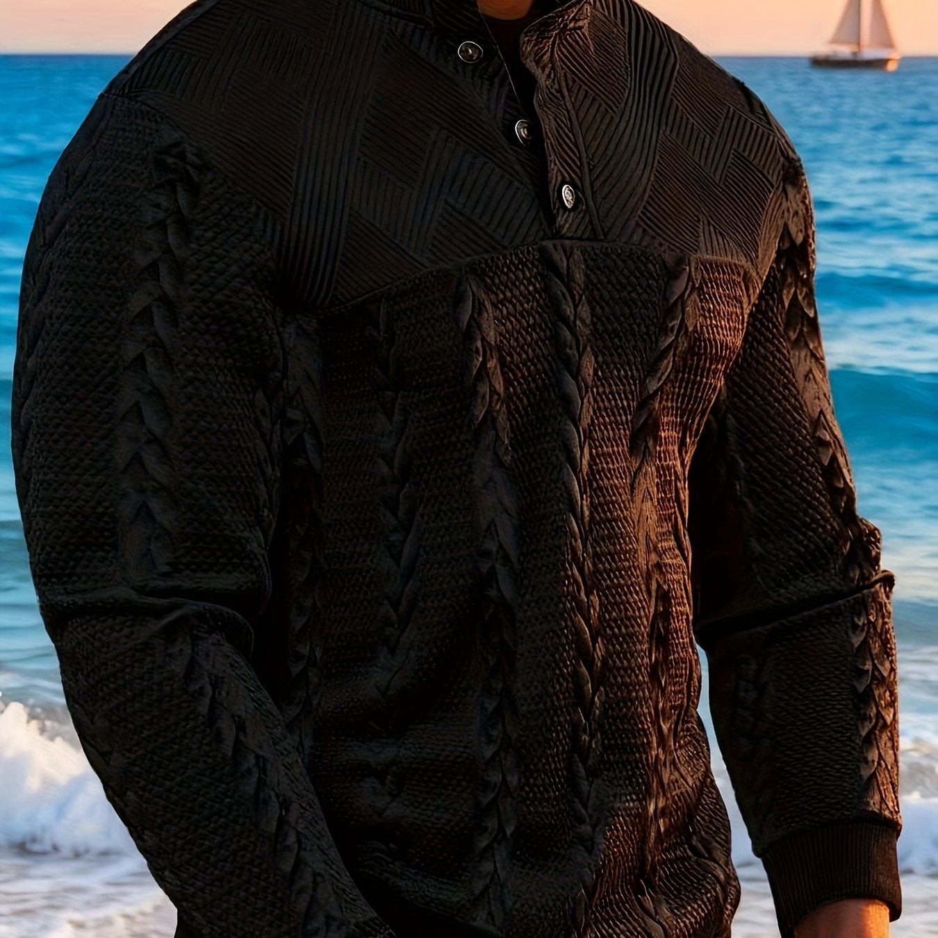 TEMU Men's Item Men's Retro Wheat Texture Stand Collar Jacquard Sweatshirt Spring Autumn Fashion Solid Color Half-open Henley Casual Long Sleeve