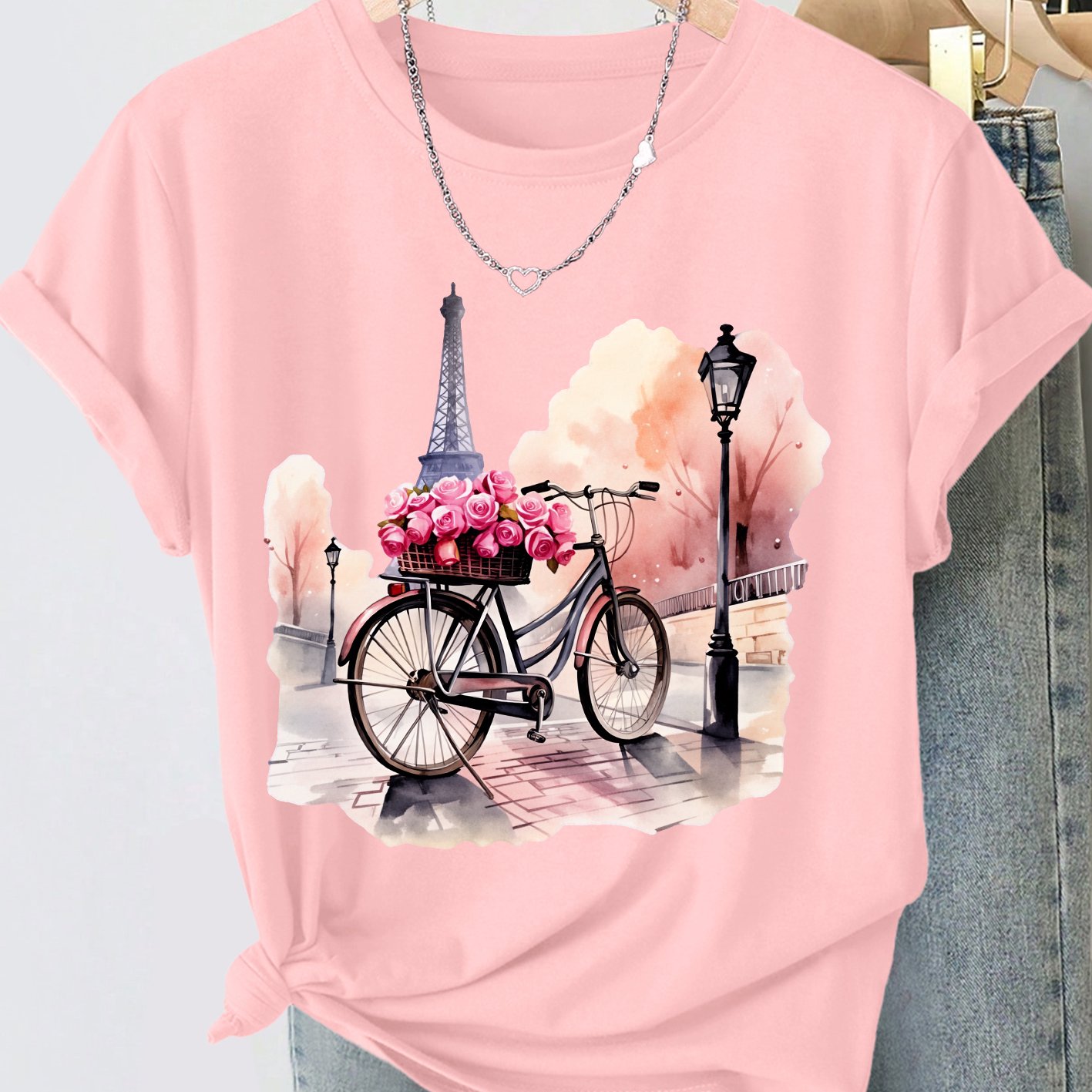 TEMU Women's Summer Clothing Tower Bicycle Print Round Neck Short-sleeved T-shirt Fashionable Commuting Vacation Daily Versatile Plus Size Friendly
