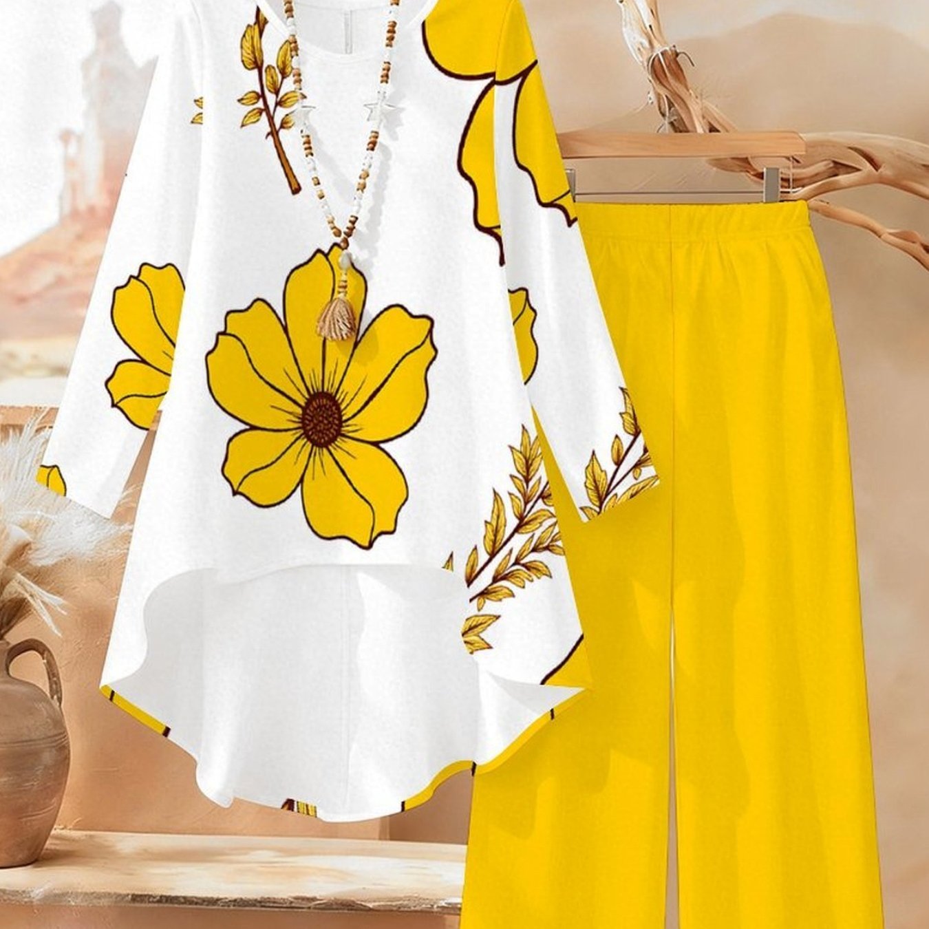 Image of Elegant Women's Pants Set With Botanical Floral Print, Crew Neck Long Sleeve Top (front Short Back Long) And Loose Long Pants, Wear, Mix-and-match Outfit, Ideal For Elegant Ladies