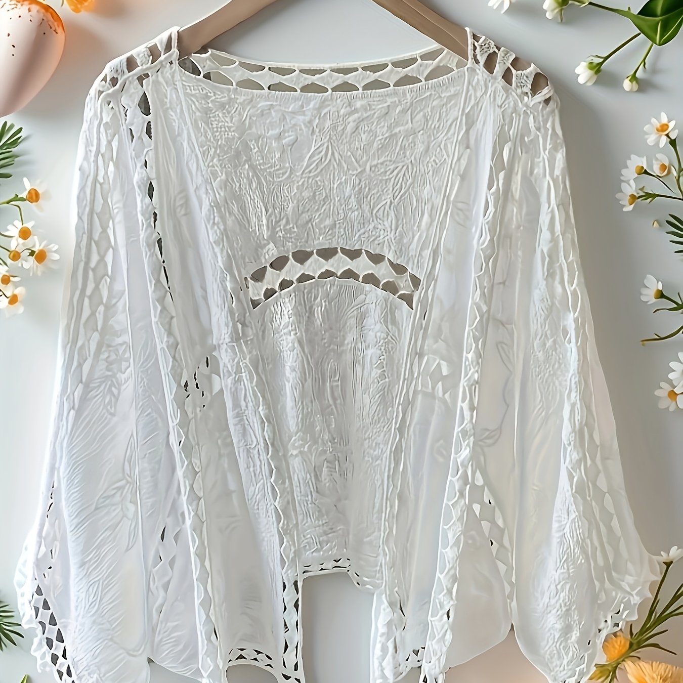 E-shop -Urlaub Bohemian Bestickter Sheer Cardigan - Fledermausärmel V-Ausschnitt, Leichtes Damen-Cover-Up, Strandresort-Stil Beach-Schal