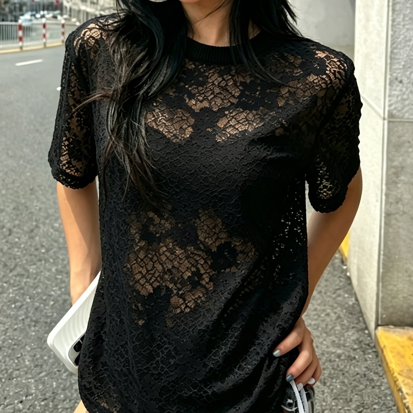 TEMU Women's Summer New Korean Casual Round Neck Lace T-shirt