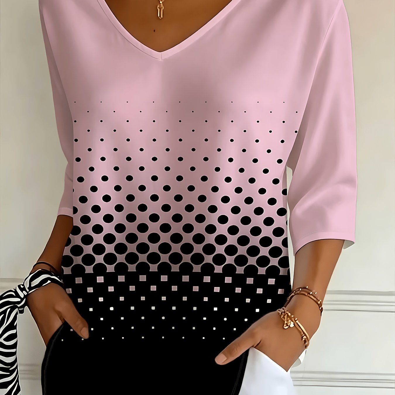 TEMU Women's Gradient Polka V-neck T-shirt - Loose Fit Three-quarter Sleeve -compatible Top | Short Sleeve Suitable For Spring/autumn, Machine