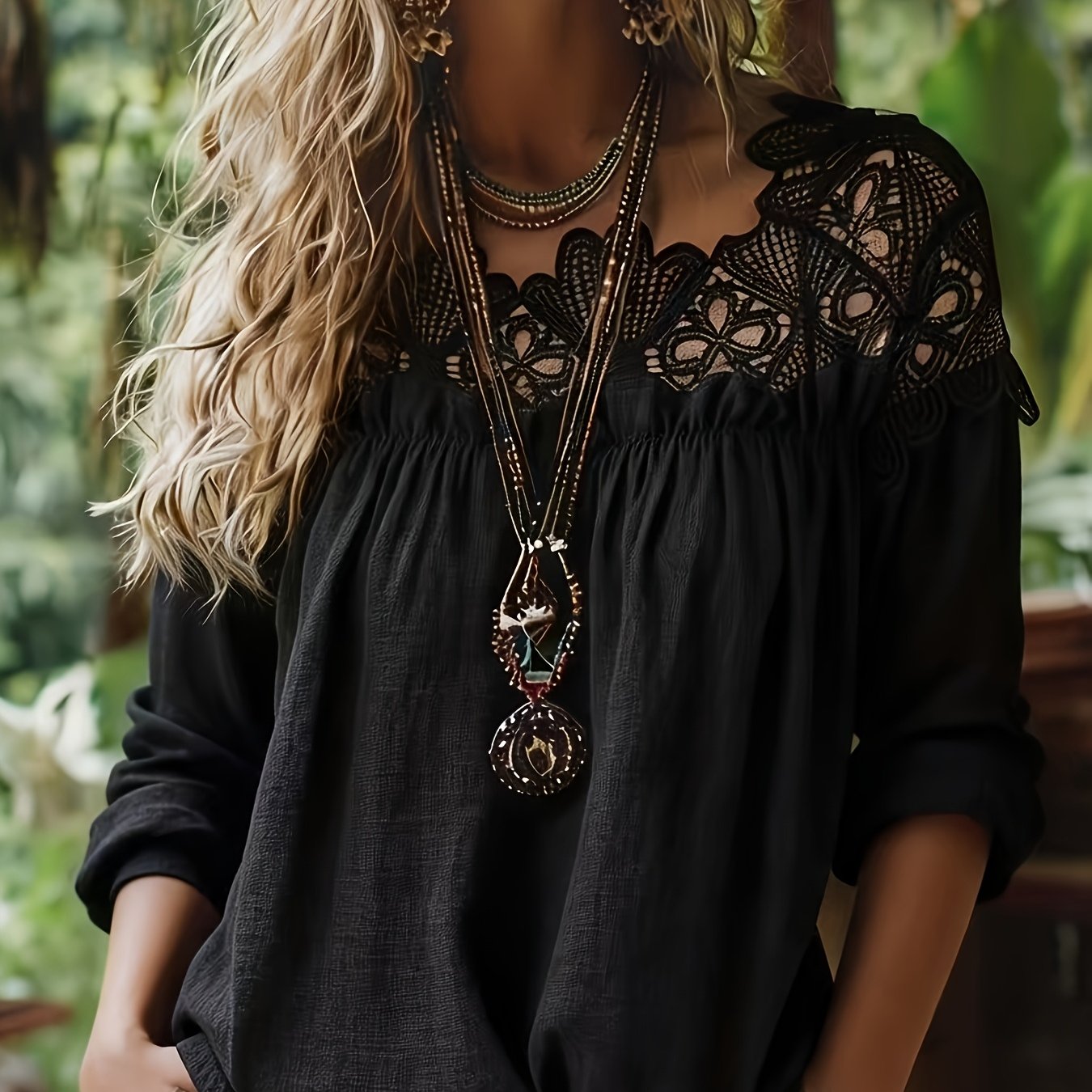 Image of Bohemian Style Women's Lace Sheer Loose Long Sleeve Top