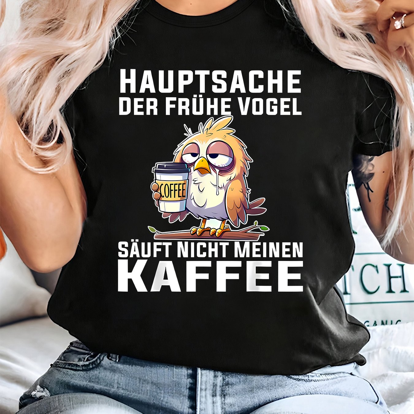 E-shop Übergröße, THE EARLY BIRD STEAL T-Shirt mit lustigem Aufdruck für Kaffeeliebhaber 0.5XL, Kurzarm-T-Shirt in Übergröße, Polyesterstoff,