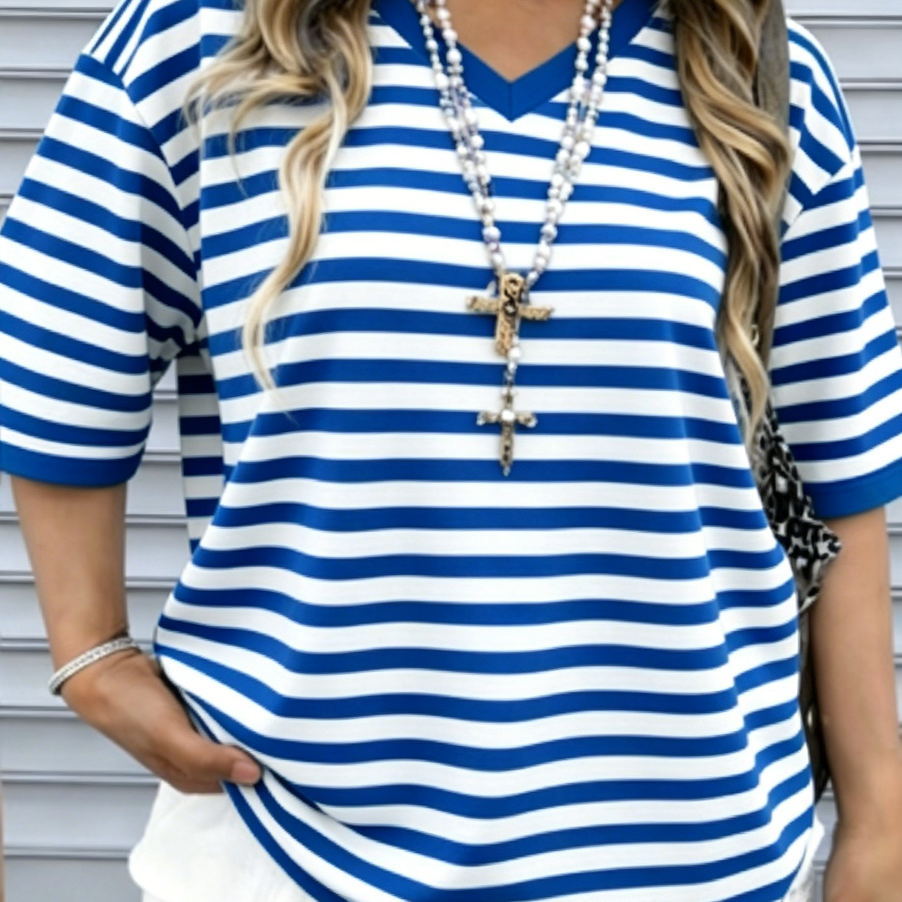 TEMU Plus Size, New And White Striped V-neck Short Sleeve T-shirt For Women, Loose Fit Casual Top