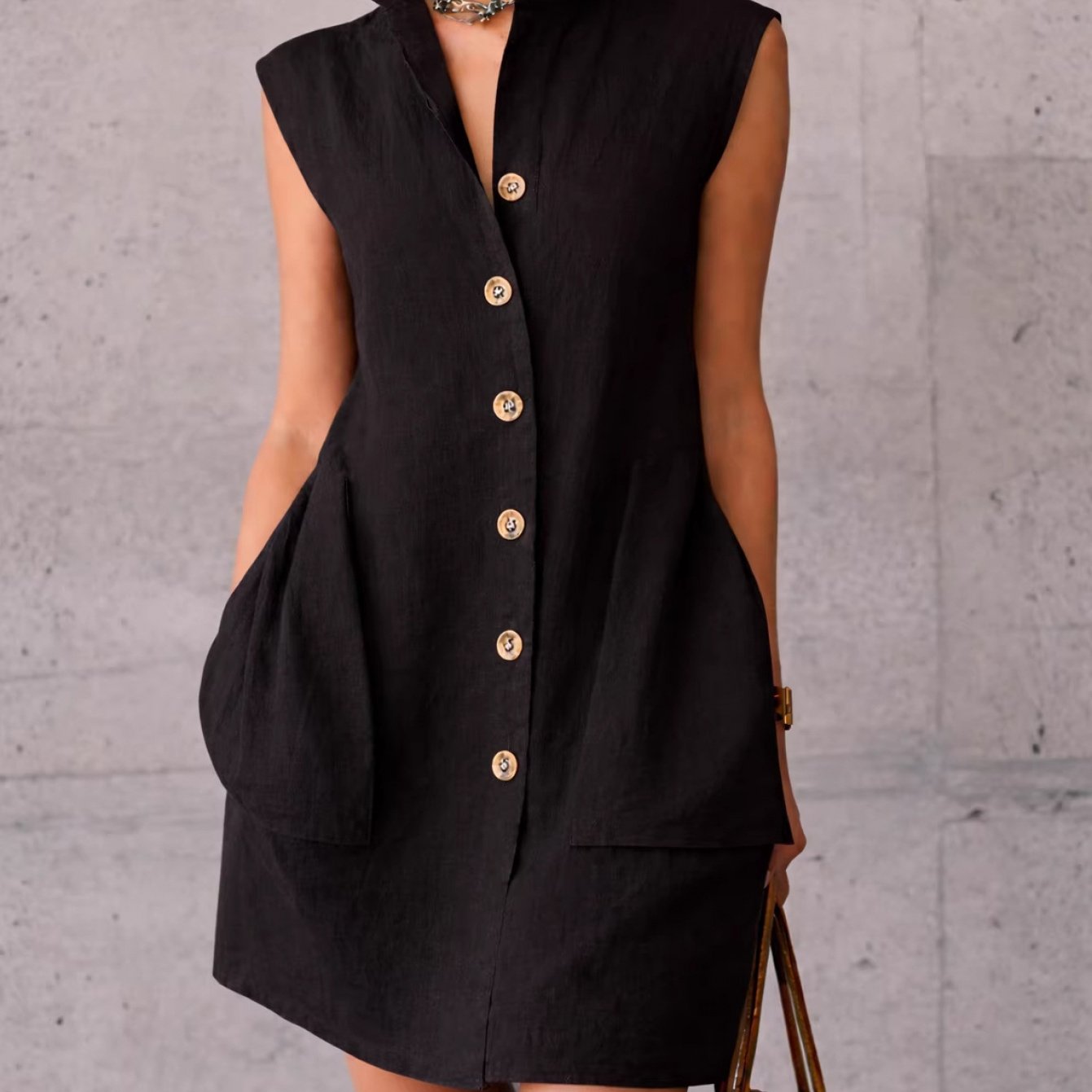 Image of Women's European And Collar Sleeveless Shirt Dress Loose Single-breasted Pocket Dress Summer Casual Versatile Short Skirt