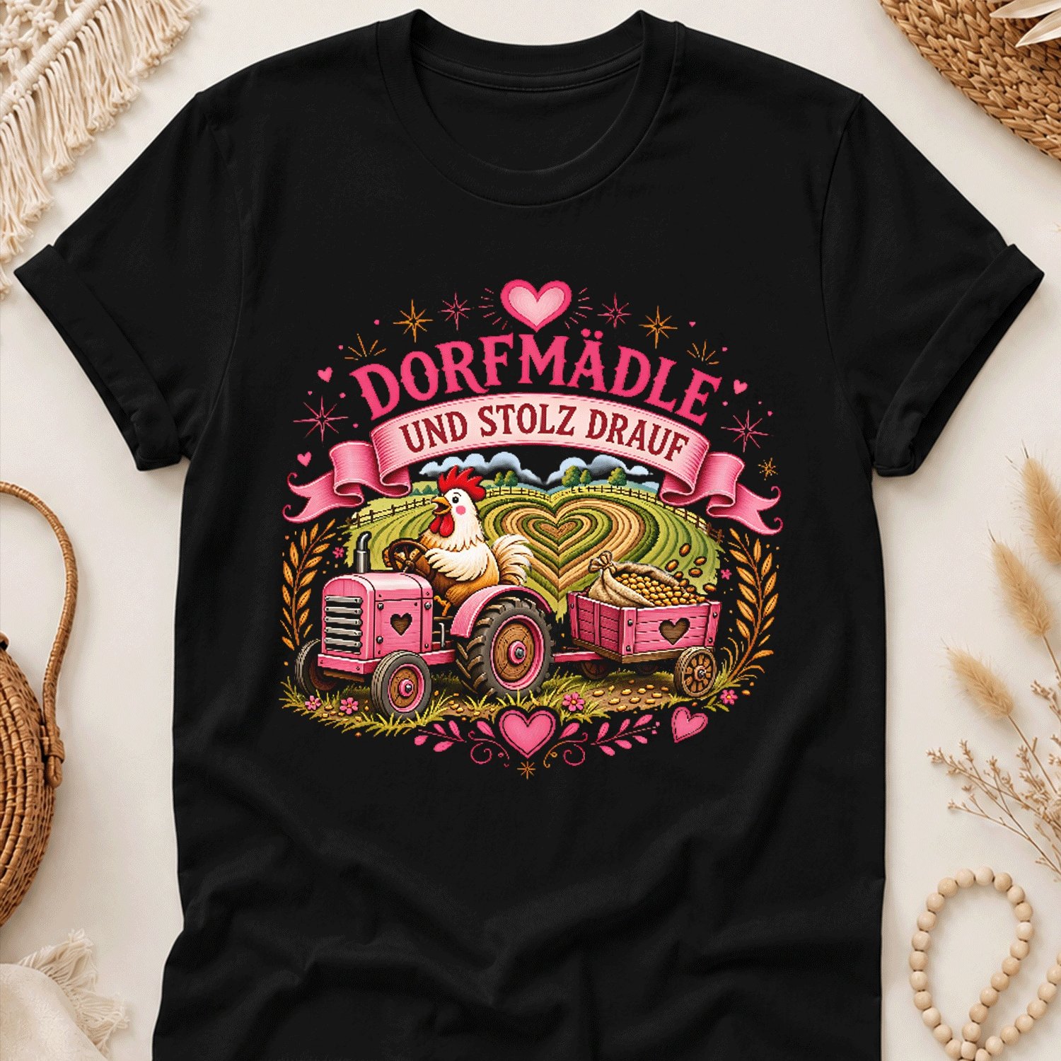 Image of Dorfmaedle Und Stolz Drauf Rooster Seed Cart Dorfmaedle Women For Men Summer Casual T-shirt - Lightweight Tee For Seaside Vacation, Beach Resort