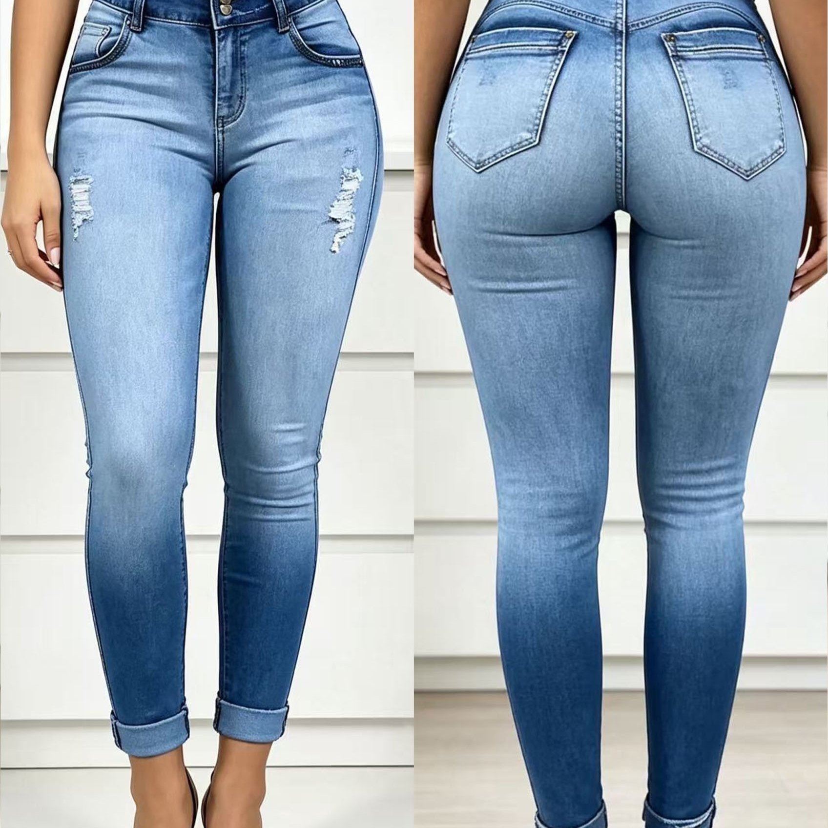 Image of [hme] Women's High-waisted Skinny Jeans With -lifting Cropped Length & Ripped Denim - Light Wash Gradient Light/dark Blue Stretch Pants, Beltless Straight Tummy For - Wear Suitable For Casual Outfits
