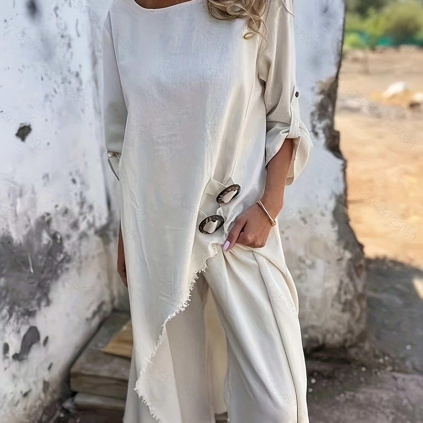 /summer Fashion European And Irregular Fringe Hem Long Sleeve Long Pants Set