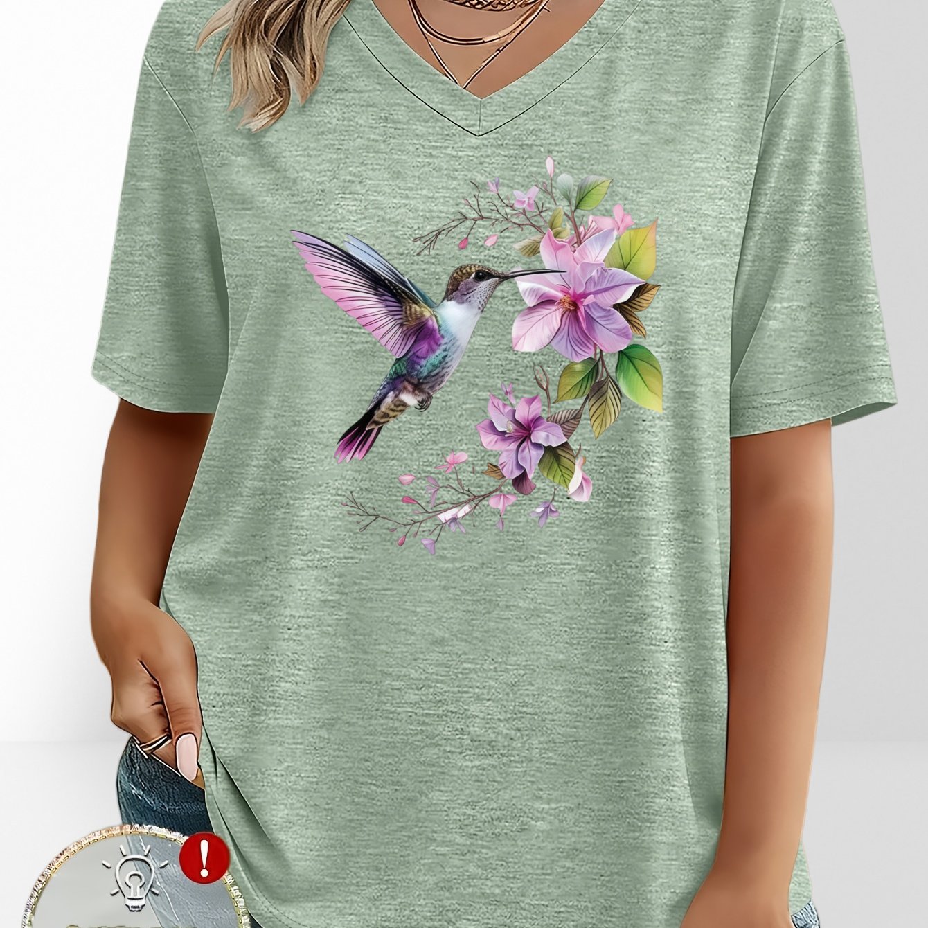 TEMU Plus Size Women's Fashion European And Sports Easy Floral And Hummingbird Pattern Print V-neck Short-sleeved T-shirt Commuting Loose Everyday
