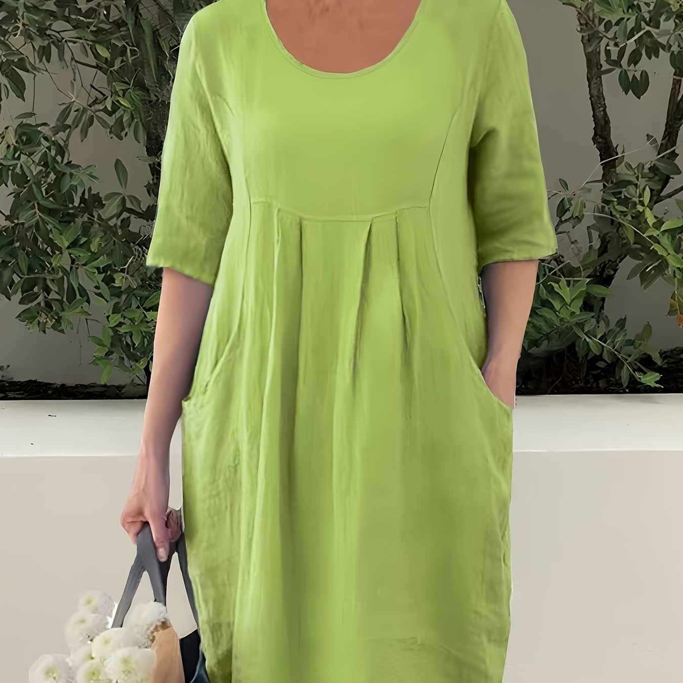 Plus Size, Popular Plus Size Solid Color Round Neck Loose Dress, Spring Summer Casual Elegant Medium Sleeve Pocket Dress, Women's Plus Size Clothing