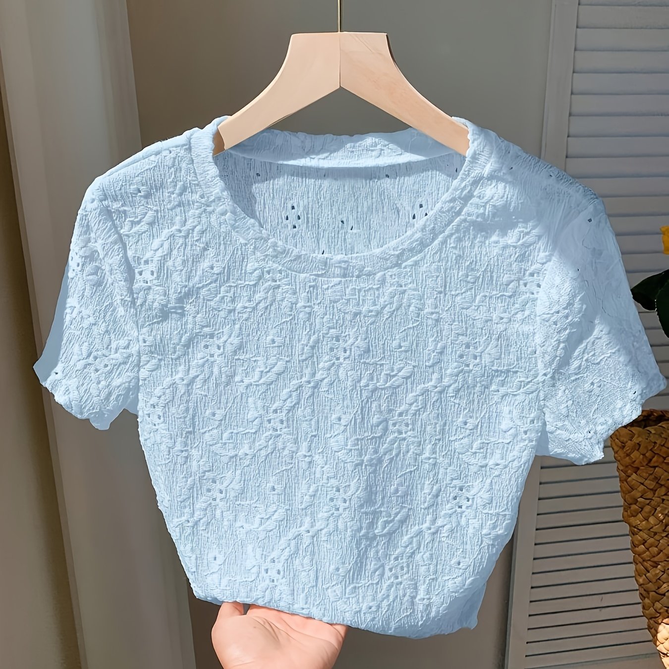 TEMU Women's Hollow-out T-shirt - Lightweight Short-sleeve - With Round Neck, Solid Suitable For Seasons, Machine Washable Elegant Layering Piece For