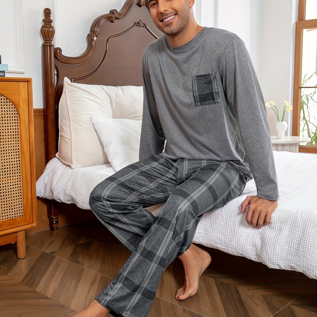 E-shop Herren Rundhals Grau Langarmshirt mit Tasche, karierte Hose, Pullover, Pyjama Homewear Set, kann drinnen oder draußen getragen werden