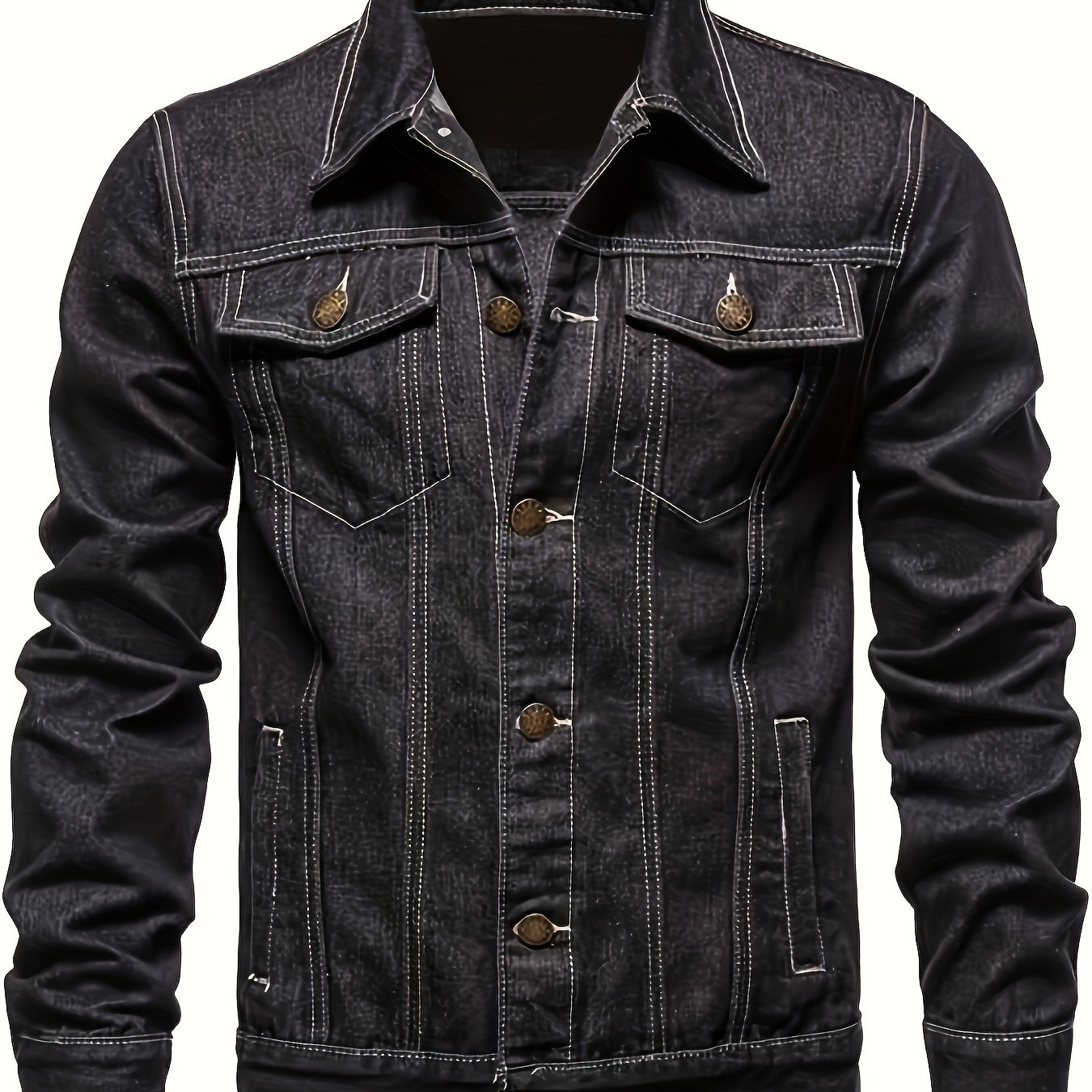 TEMU Men's Slim-fit Denim Jacket - Casual Cotton Blend, Long Sleeve With Pockets, Machine Washable