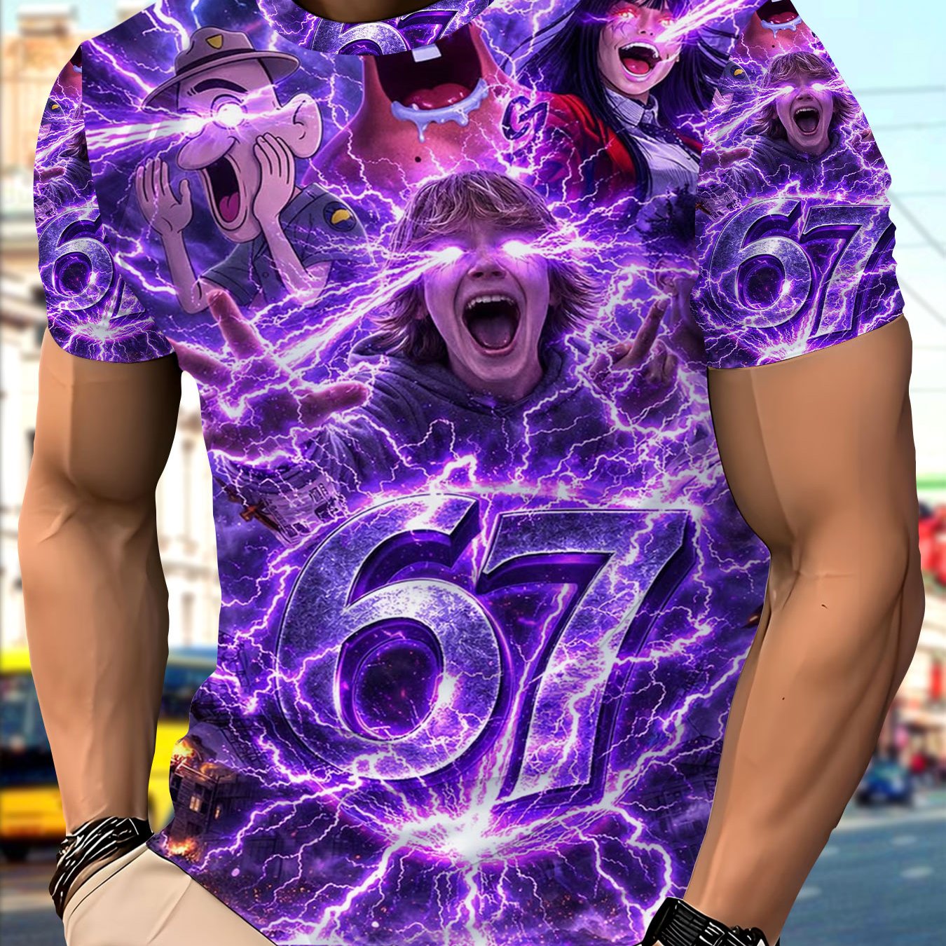 TEMU Men's 3d Polyester T-shirt With Cool Lightning And Funny Character Graphic, Breathable Short Sleeve Tee For Summer, Novelty Print Top For Daily