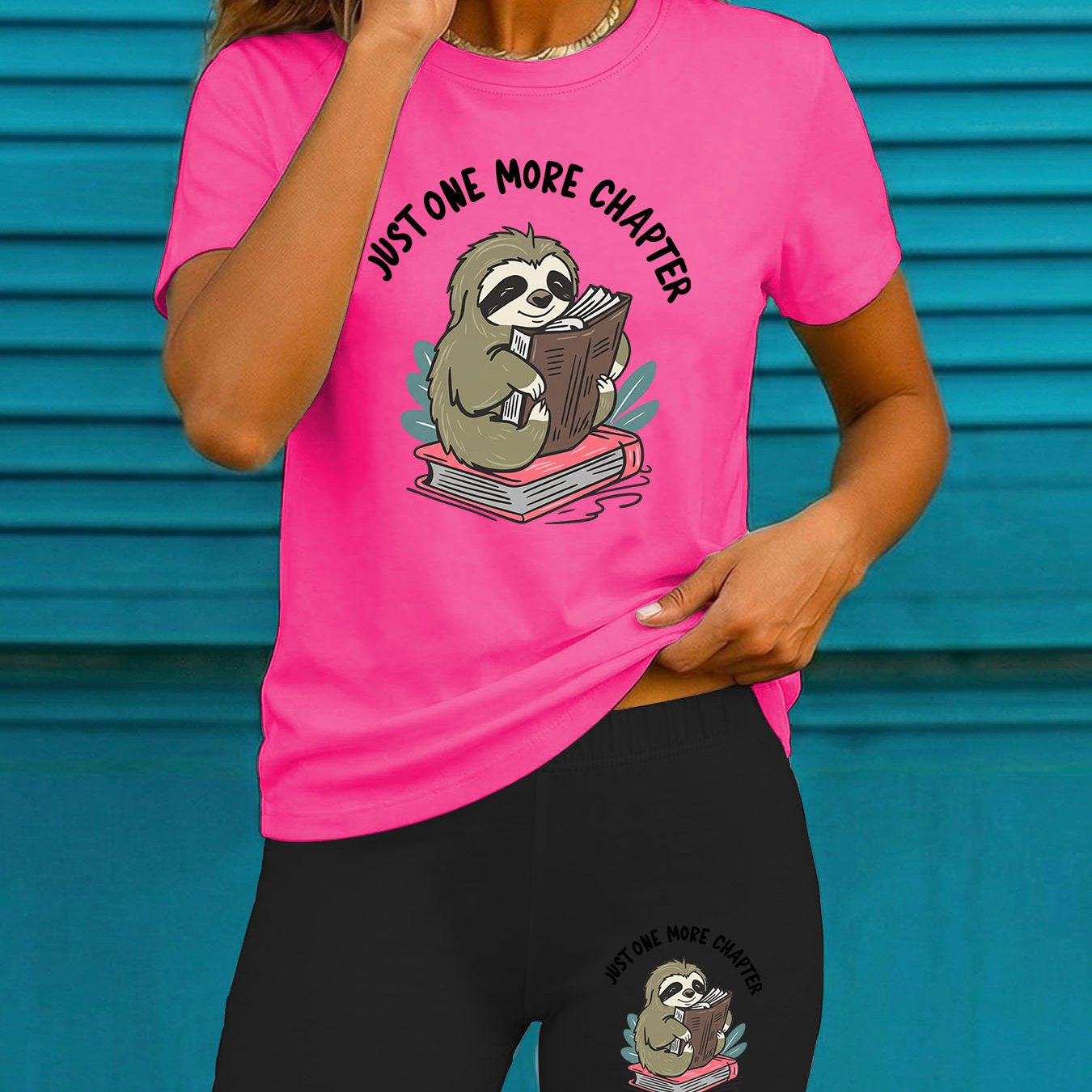TEMU Women's Athletic Casual Round Neck Short Sleeve Shorts Set, Reading Animal Print 2pcs Set, Sloth Reading Books Text Pattern Short Sleeve Top And