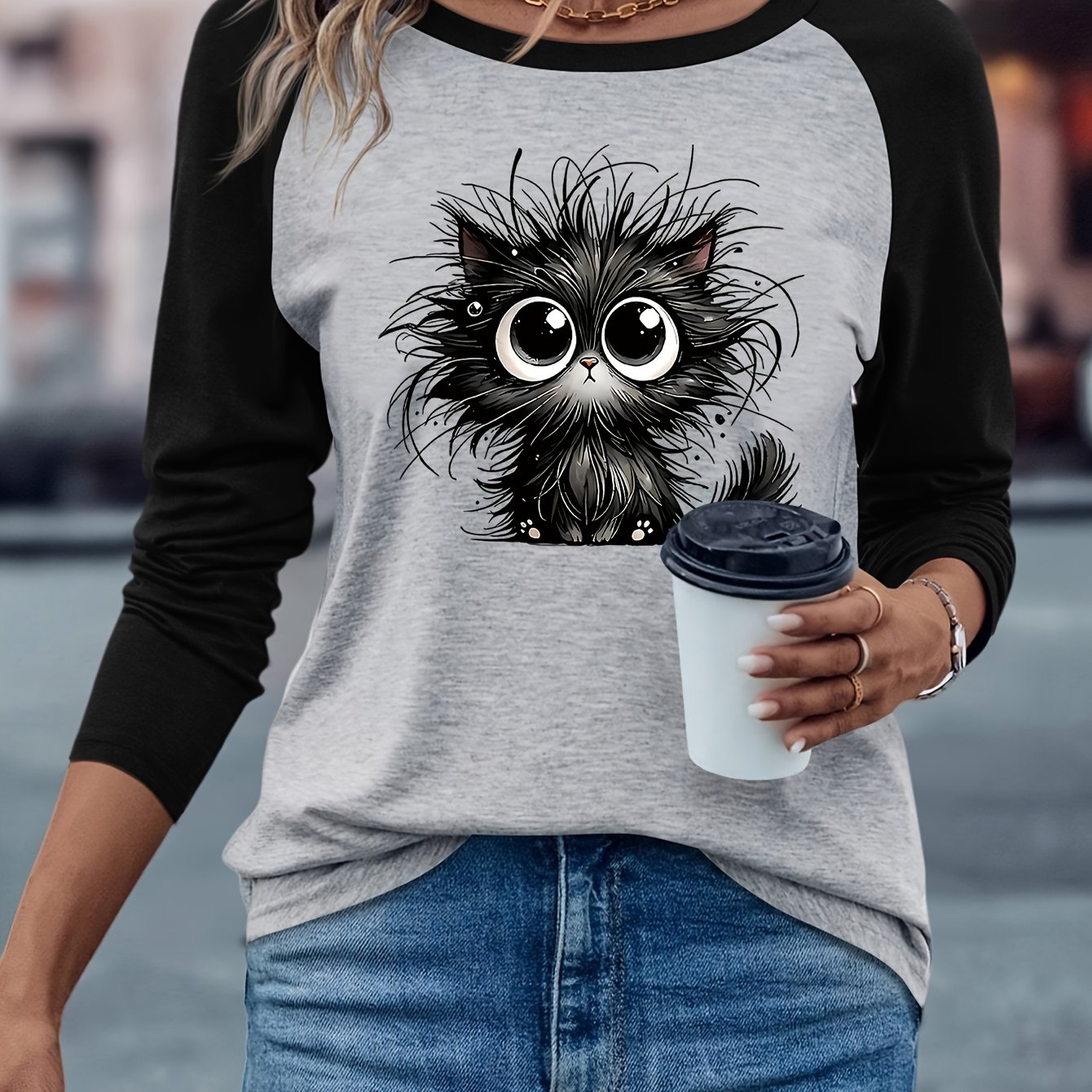 TEMU Camiseta de larga raglán para mujer con estampado de gato satírico