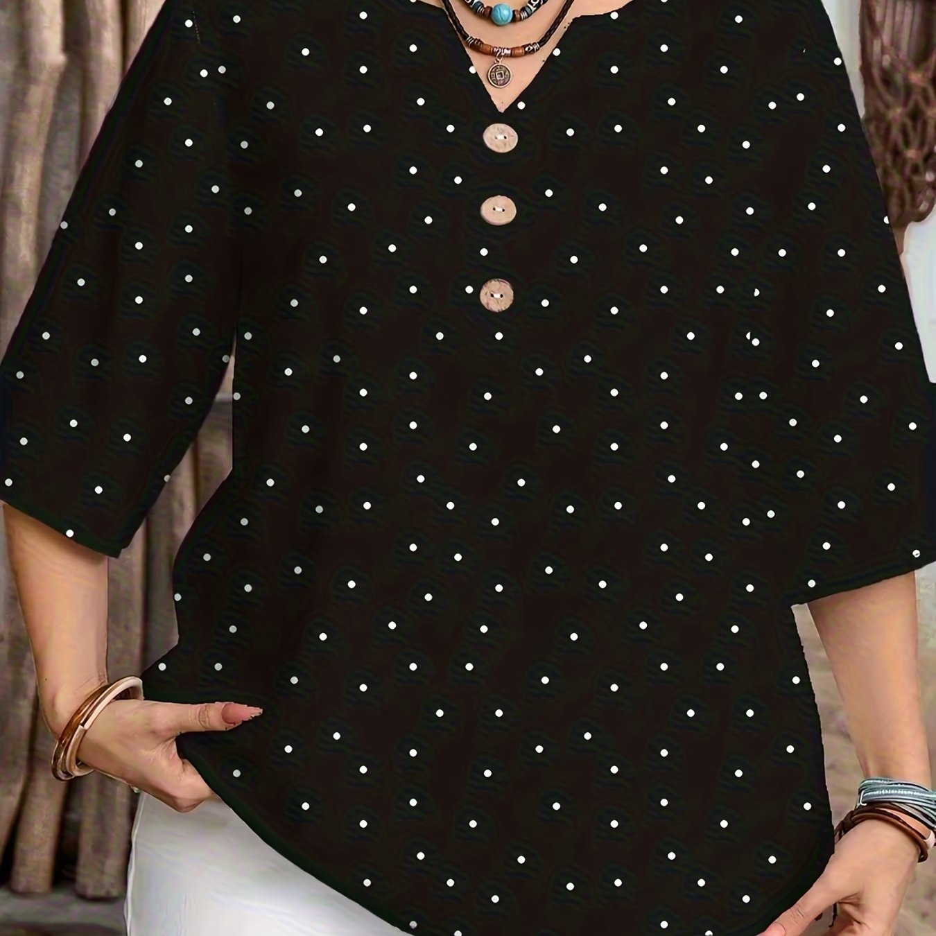 TEMU Plus Size, European And Size New Random Print Notched V-neck Elegant Casual Top Shirt