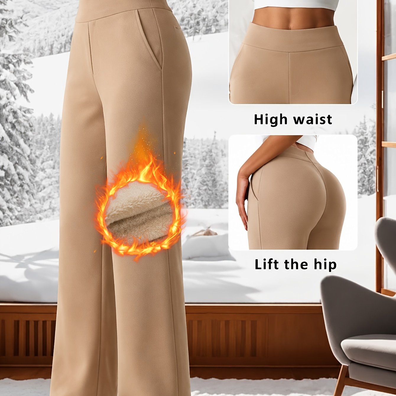 TEMU Women Autumn Winter Thick Warm Long Trousers High Waist Windproof Cold Resistant Straight Leg Casual Pants Pockets Stretch Solid Soft Breathable