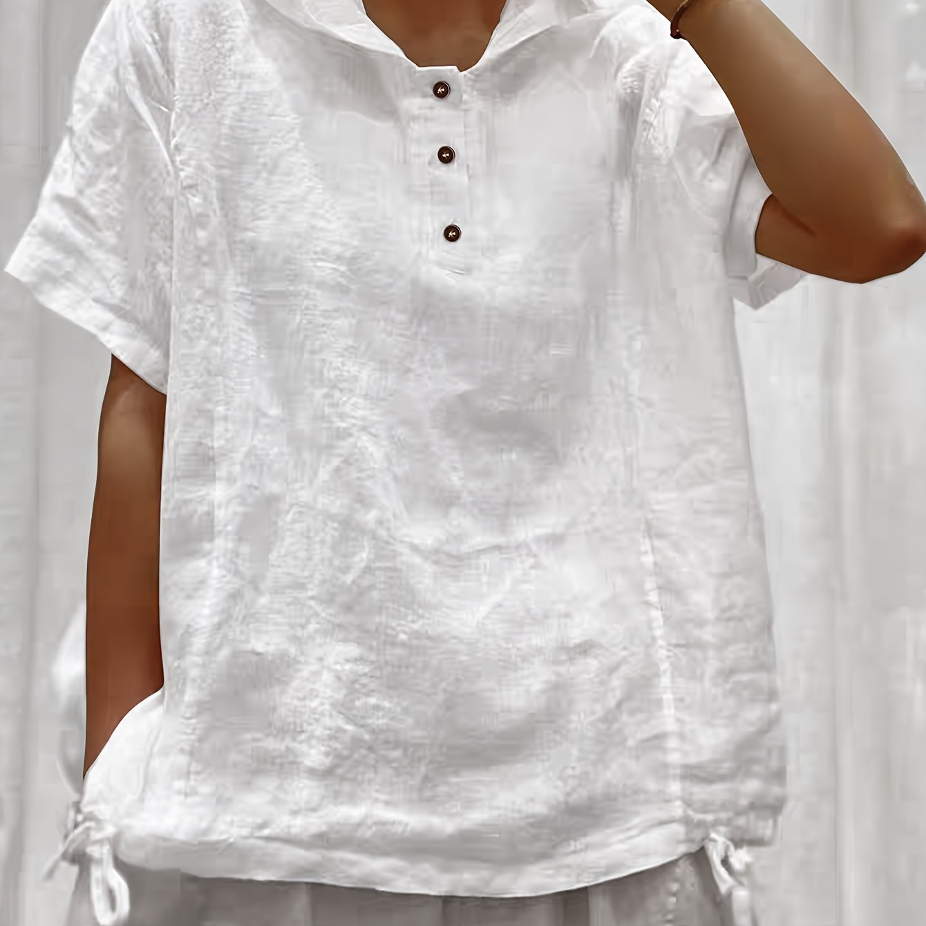 Image of Loose Solid Color Hooded Short-sleeved Front Button Pullover Shirt