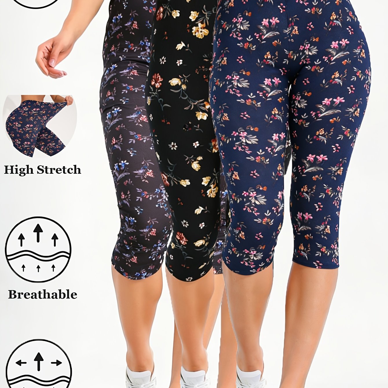 TEMU 3 Pack Women Capris Leggings Ditsy Floral Print Soft Comfortable Elastic Slim Fit Tummy Control Breathable Suitable Occasion Daily Wear Office