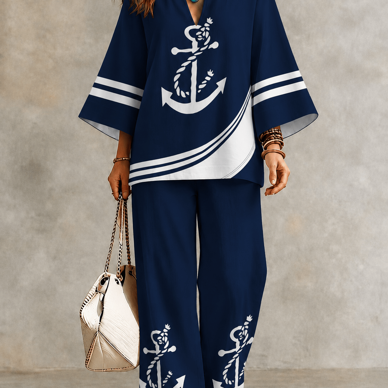 Image of Plus Size Anchor Print Loose V-neck Wide Leg Pants 2pcs Set, Women's Sports Set, Suitable For Casual Sports And Vacation Wear, Casual Coordinated Outfits For Spring Summer