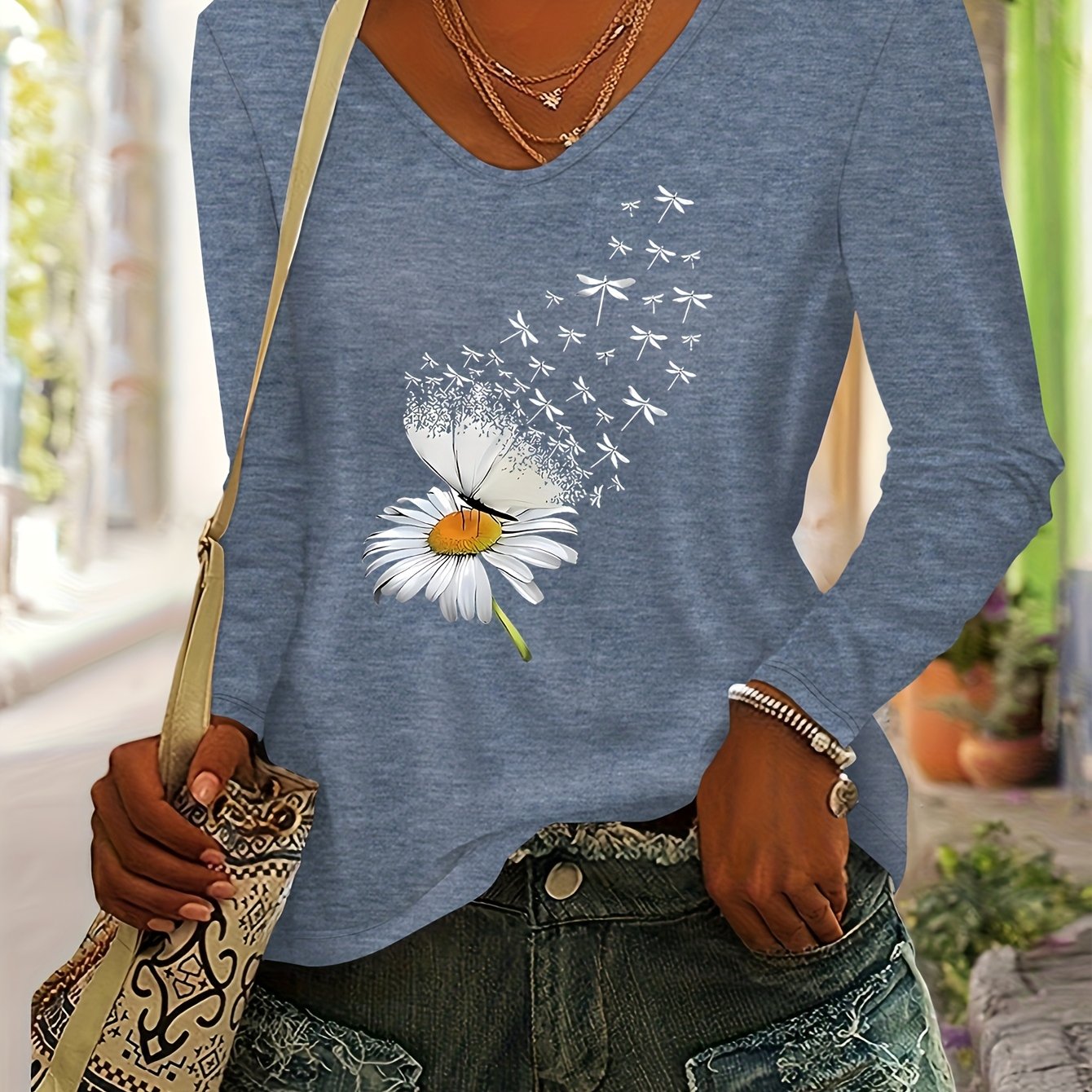 TEMU Women's Autumn And Winter Top With Daisy And Patterns, A Casual And Stylish V-neck Long-sleeve T-shirt Made Of Colorful
