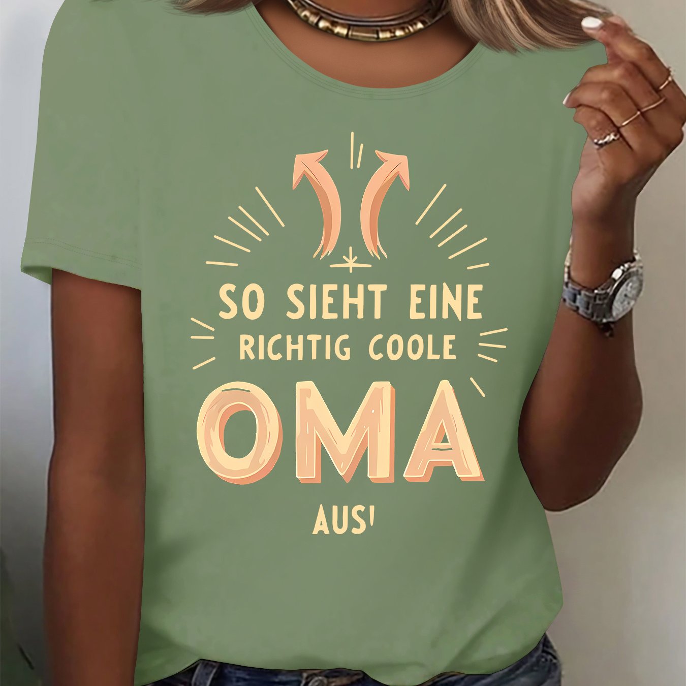 E-shop Oma Gelbes Lockeres Kurzarm-Trainingsshirt mit Rechts/Links/Oben-Pfeilen – Atmungsaktive Sommer-Sportbekleidung, Casual Rundhals-Bluse für Sport