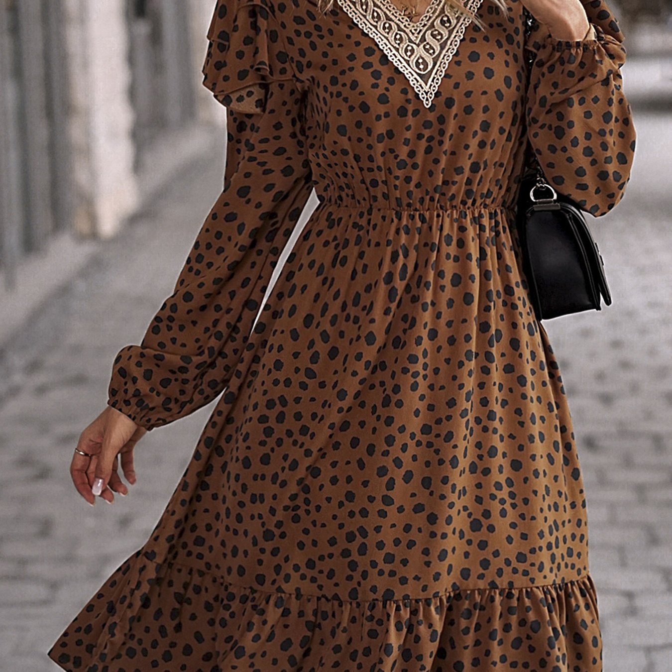 Long Sleeve Dress Women Printed V-neck Leisure