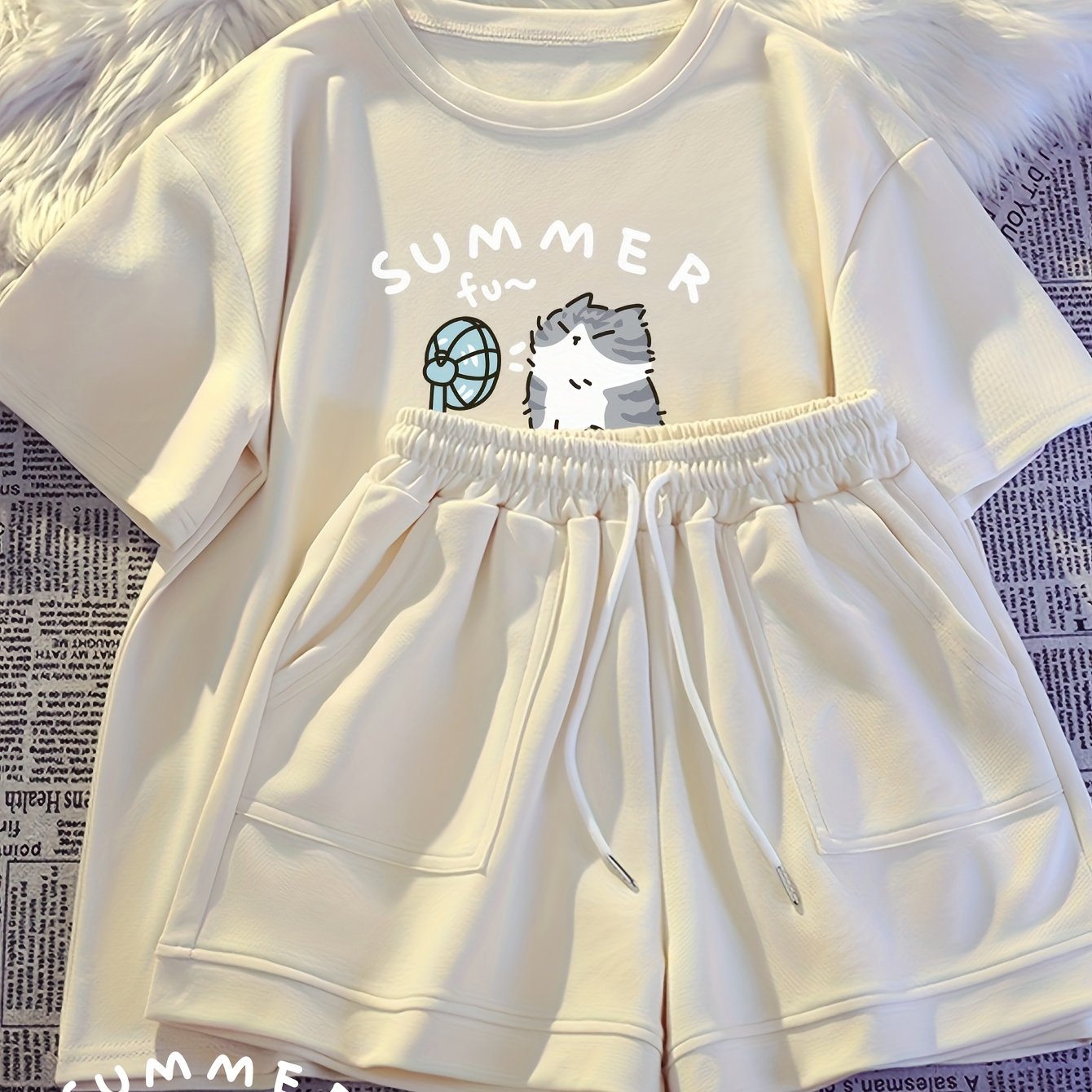 TEMU 夏の、かわいい猫柄半袖＆ショートパンツツーシーズセット、多機能で快適、ックでおしゃれ、通勤・日常着に最適、新作サマープロダクト、リフな夏