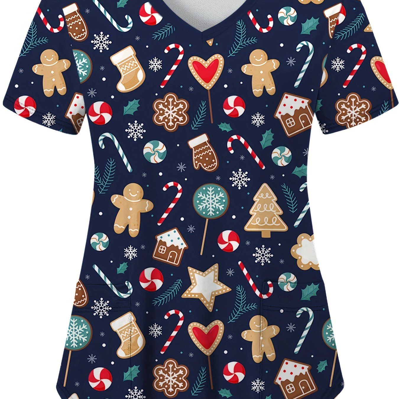 TEMU Christmas Print V-neck Scrub Top, Comfortable & Care Uniform Top, Working In Hospitals & Dental Office, Women's Work Clothing