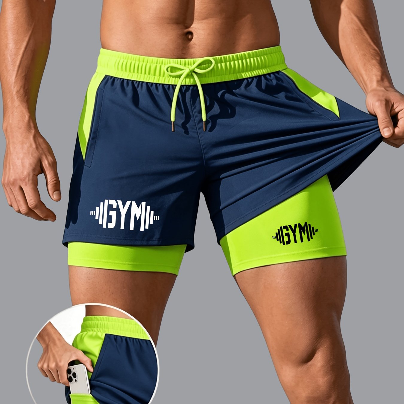 TEMU Sports Double-layer Shorts, Men's Breathable Quick-dry Athletic Shorts - Drawstring Waist With Pockets, Lightweight And Comfortable, Ideal For