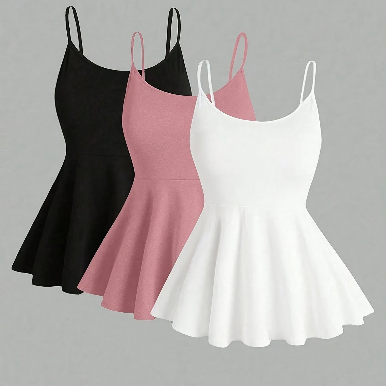 TEMU Lot de 3 débardeurs spaghetti pour femmes, camisoles à taille cintrée et ourlet évasé en peplum, hauts manches superposés