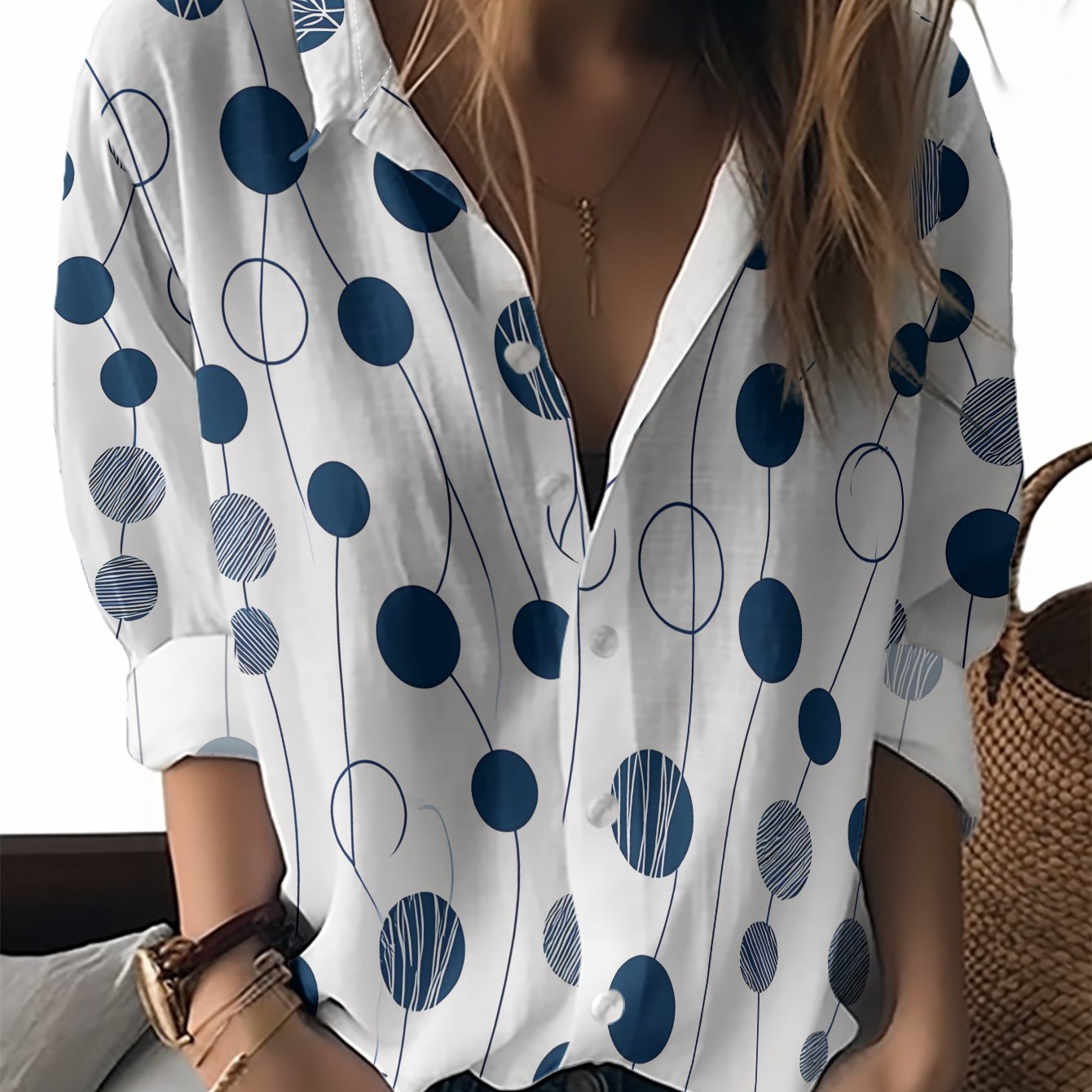 TEMU This New Women's Long-sleeve Shirt Features A With Blue Patterns, Of Dark Blue Dots, Gray Patterned Dots, And . A Versatile Top Suitable For