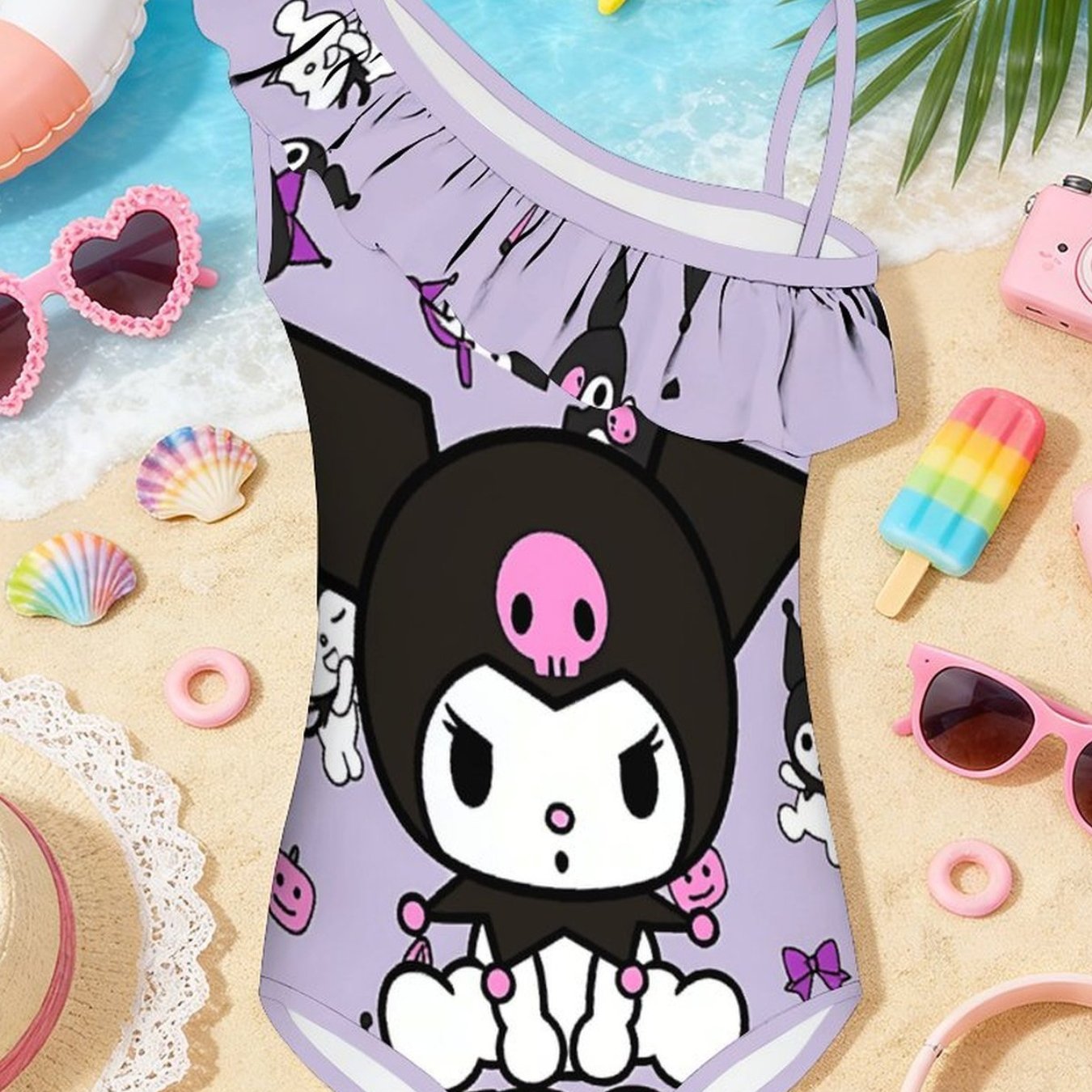 New Children's Kids' Trendy One-piece Swimsuit With Hem Hello Kitty And Kuromi-cinnamoroll Print For Casual, Cute, Everyday, Travel, And Vacation Wear