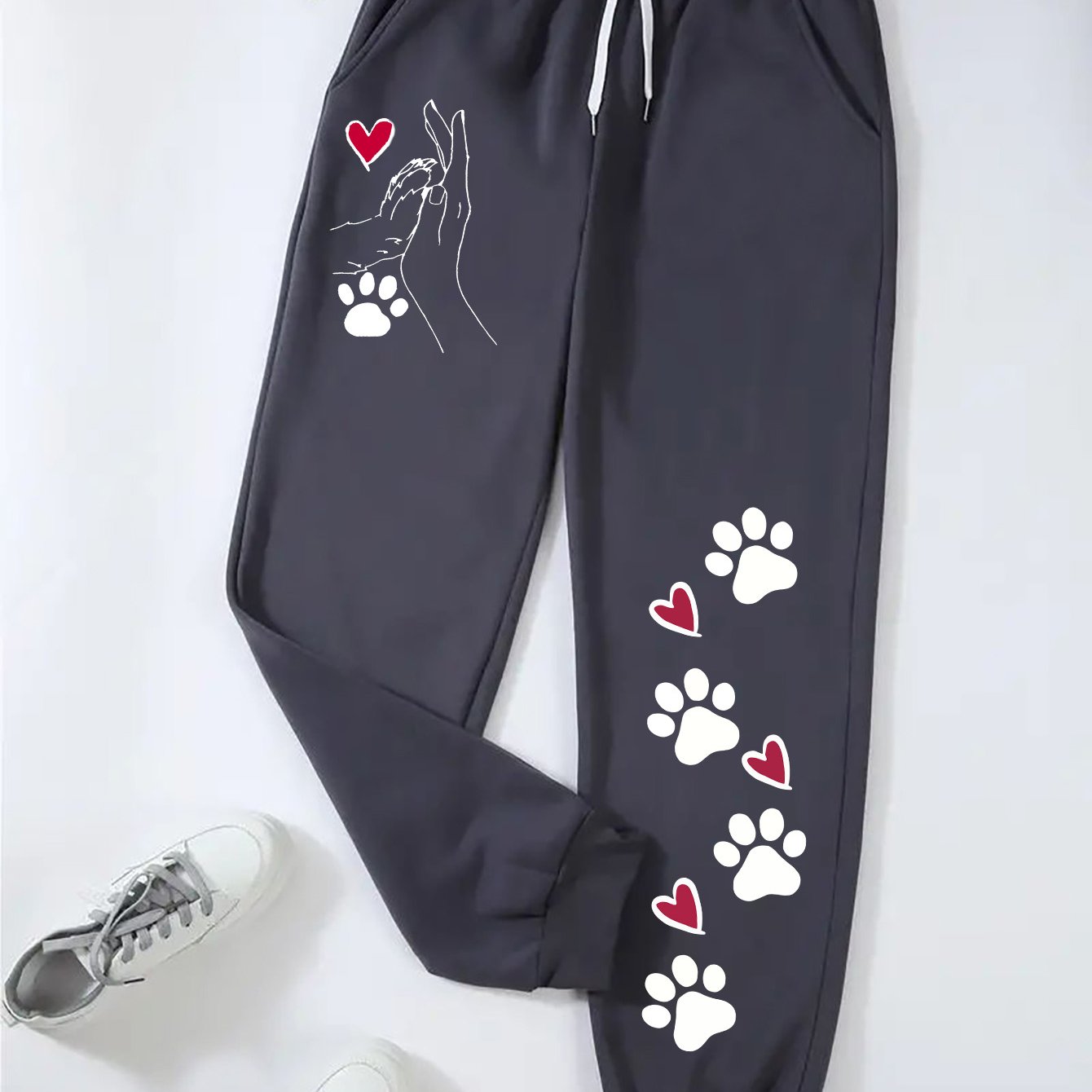 TEMU Plus Size - Plus Size - Plus Size Women's Paw Print Heart Patterned Casual Elastic Waist Joggers - Comfortable Loose Fit, Machine Washable With