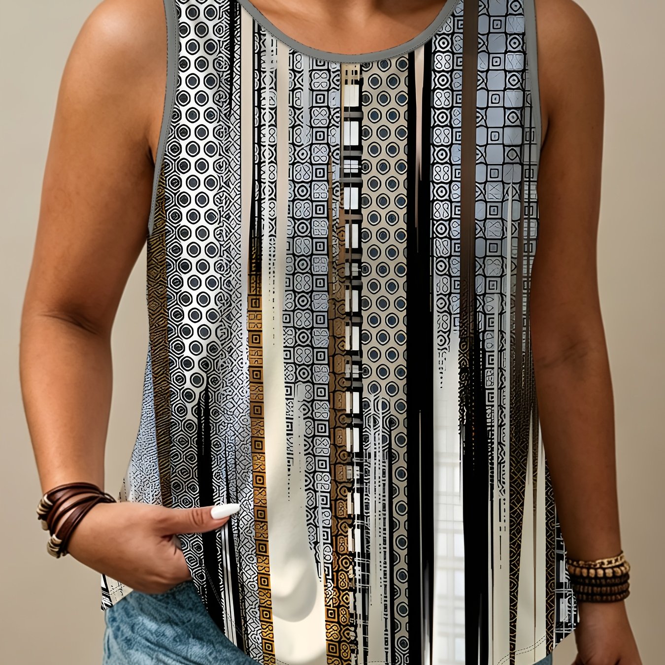 TEMU Abstract Geometric Stripe Print Sleeveless Vest, Plus Size Women's Loose Casual Top, Summer Fall Fashion Versatile Base Layer
