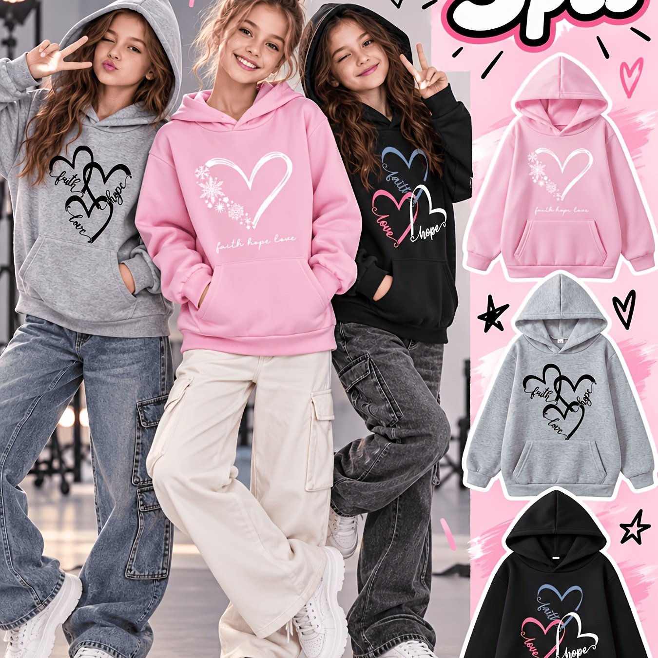 Image of Faith Love Heart Print Girls' Fashion Hoodie, Daily Casual Comfortable Hooded Sweatshirt 3pcs Set