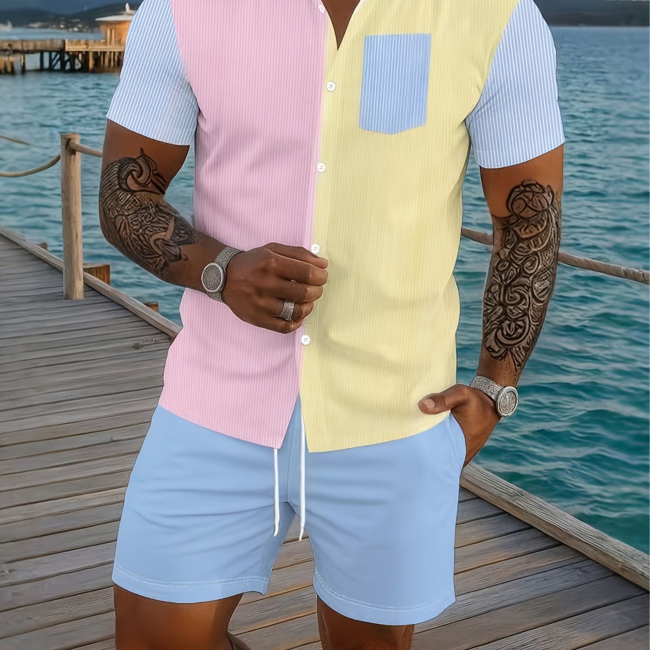 TEMU Men's Casual Striped Color-block Lapel Short-sleeve Shirt   Shorts 2pcs Set, Stylish Simple Versatile Beach Outfit, Vacation Wear