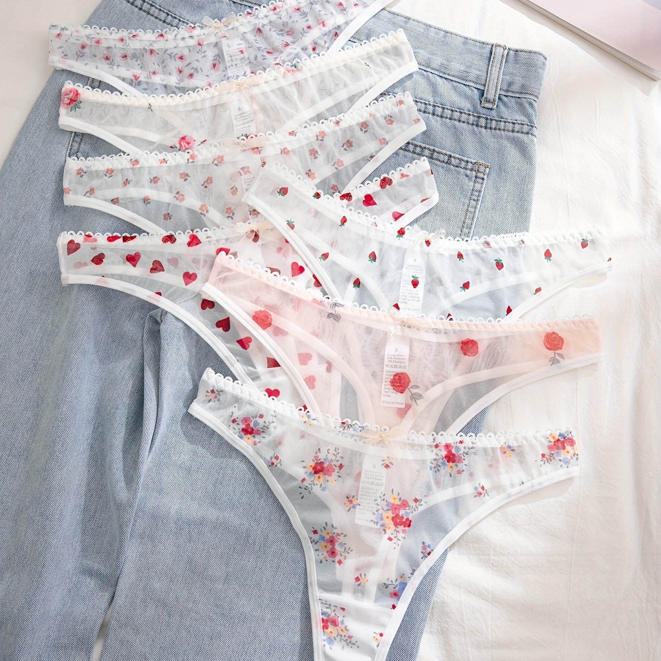 Image of 7-pack Women's Floral Print Panties - Semi-sheer Triangle Underwear Suitable For , Soft Breathable Briefs With Flower Patterns, Hand Washable Daily Wear For, & Special Occasions