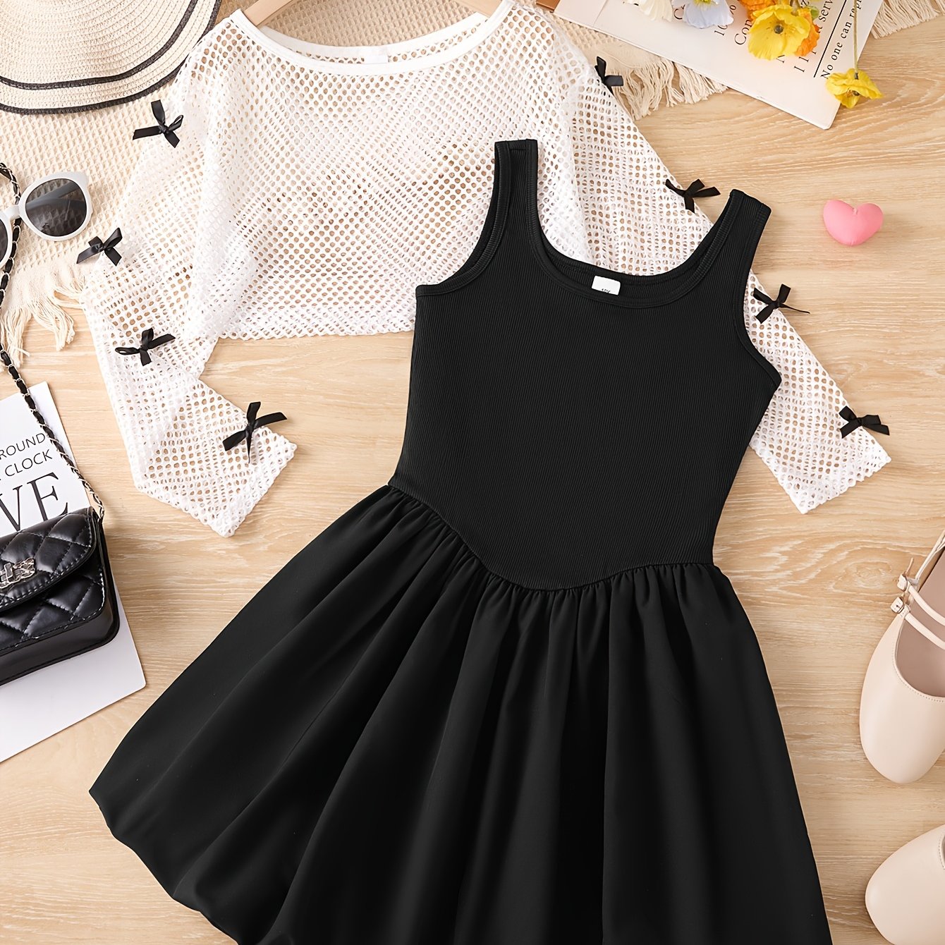 Image of Girl's Stylish Outfit, Autumn Transparent Top + Bud Vest Dress 2pcs Set For Little Girls