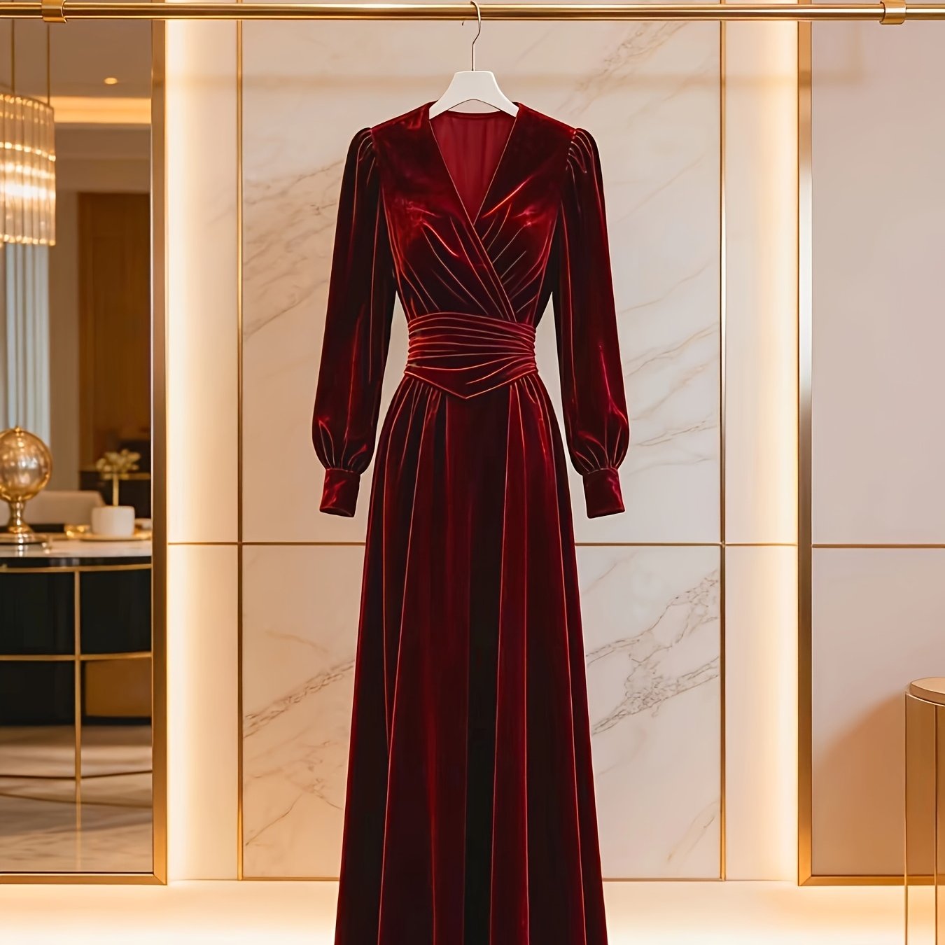 TEMU A Solid Color Elegant And Fashionable Velvet V-neck Dress With Lantern Sleeves And A Cinched Waist, New Year And Christmas Party Events