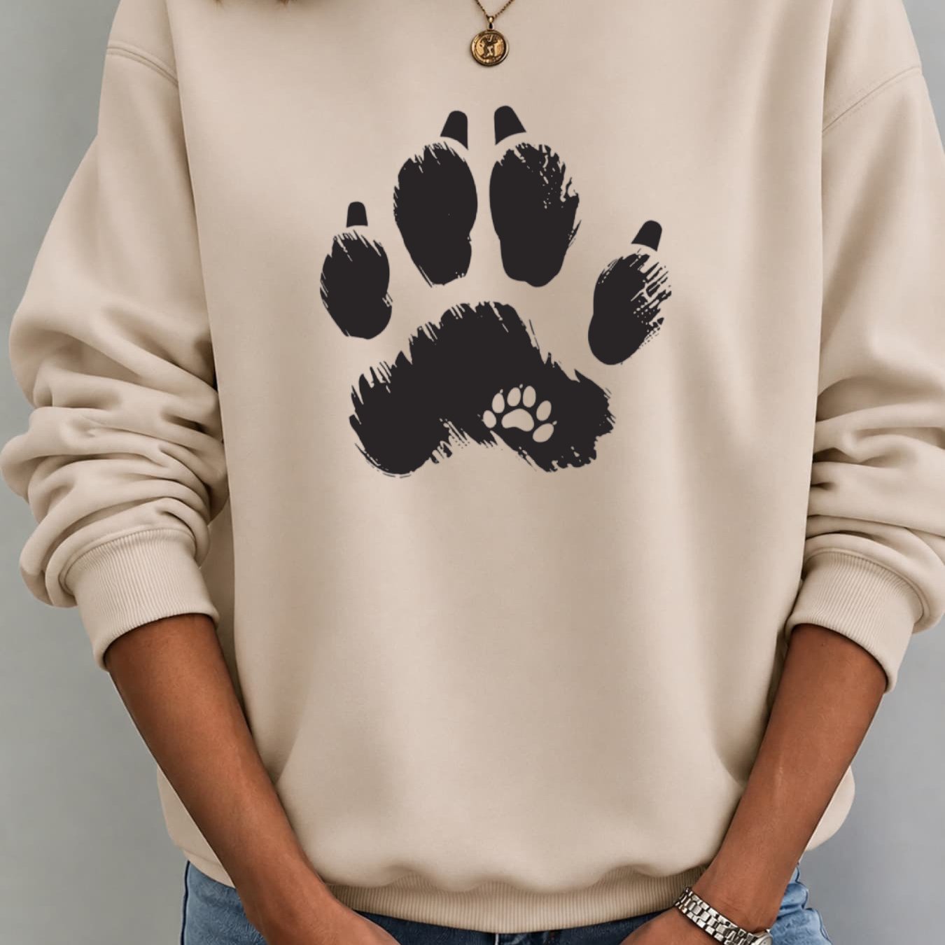 Image of Autumn Winter New Pullover Women's Loose Fit Casual Crew Neck Sweatshirt With Black Paw Print, Breathable For Spring Layering