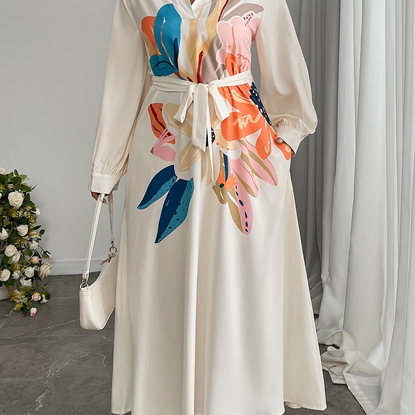 Robe Chemise à Manches Longues Imprimée Florale Abstraite pour Femmes Grande Taille, Ceinture à la Taille, Longueur…: retailer-supplied image