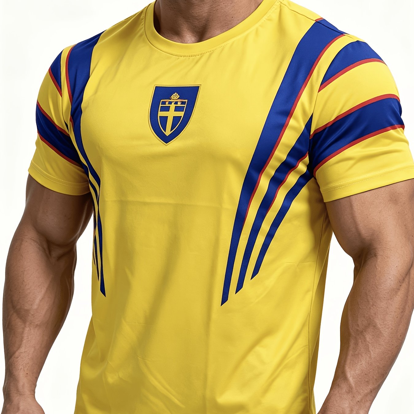 TEMU [printed Design - Not Textured] Yellow And Blue Spliced Swedish Team Vintage Print T-shirt - Contrasting Design - Breathable Mesh Fabric Short