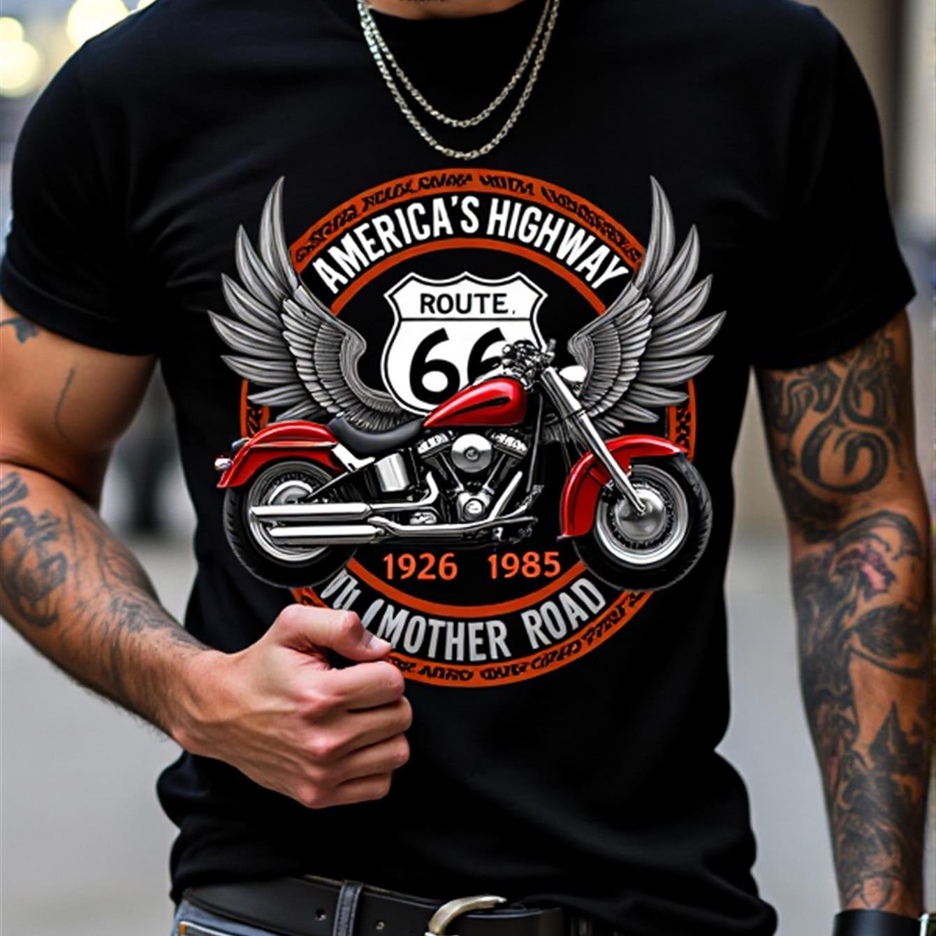 TEMU Men's Retro Motorcycle Tee, Americana Style Featuring A Vintage Shield, Cruiser Bike Image, And Mother Road Design, Durable Casual Shirt For