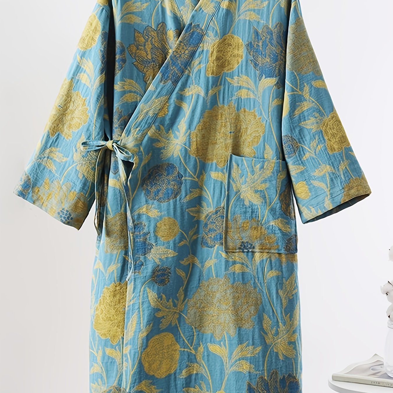 Image of Cotton Double Tulle Bathrobe, Cotton Kimono Collar, Three-quarter Sleeve Couples, Pajamas, Loungewear, Absorbent Yukata Couples, Unisex